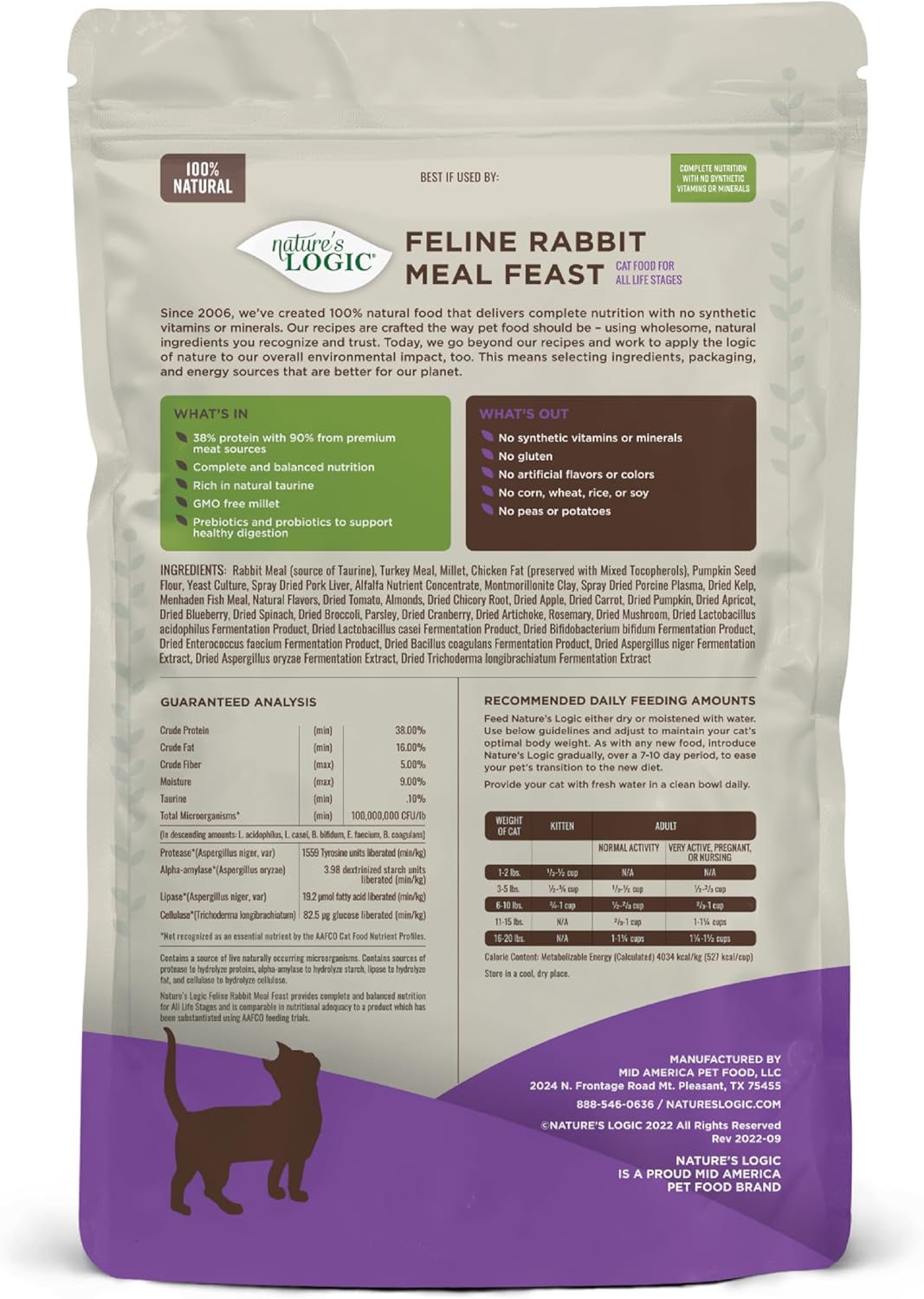 Nature's Logic Feline Chicken Meal Feast Cat Food - High-Protein Dry Food for Cats, 100% Natural Nutrition with Probiotics & Prebiotics - All Life Stages - Rabbit, 3.3lbs