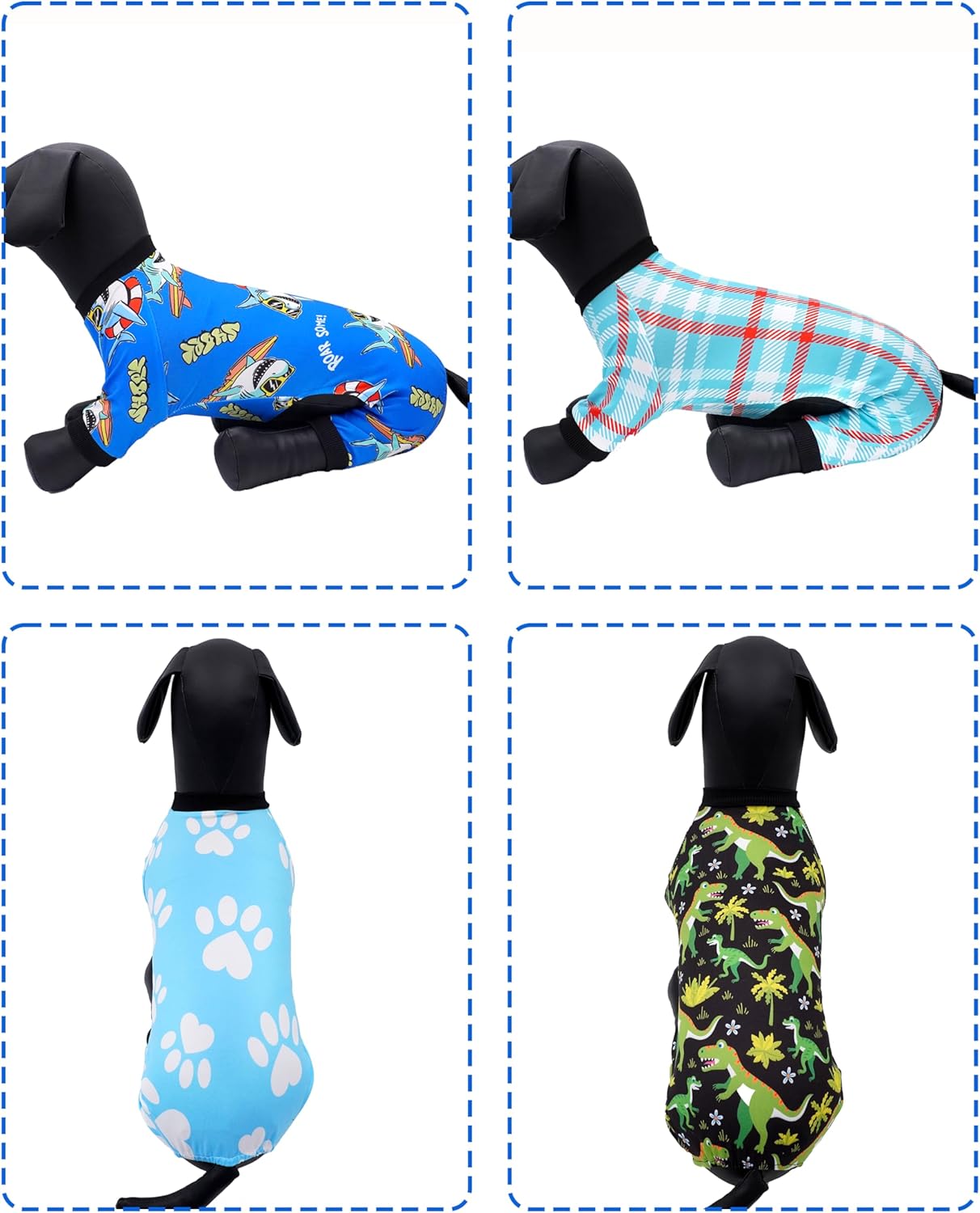 PET SHOW 4 Pack Dog Pajamas Dinosaur Shark for Extra Large Dogs Boy Soft Stretchy PJs Plaid Jumpsuit Dog Paw Onesies Outfits with Sleeve Pets Breathable Summer Clothes Costume XXXL