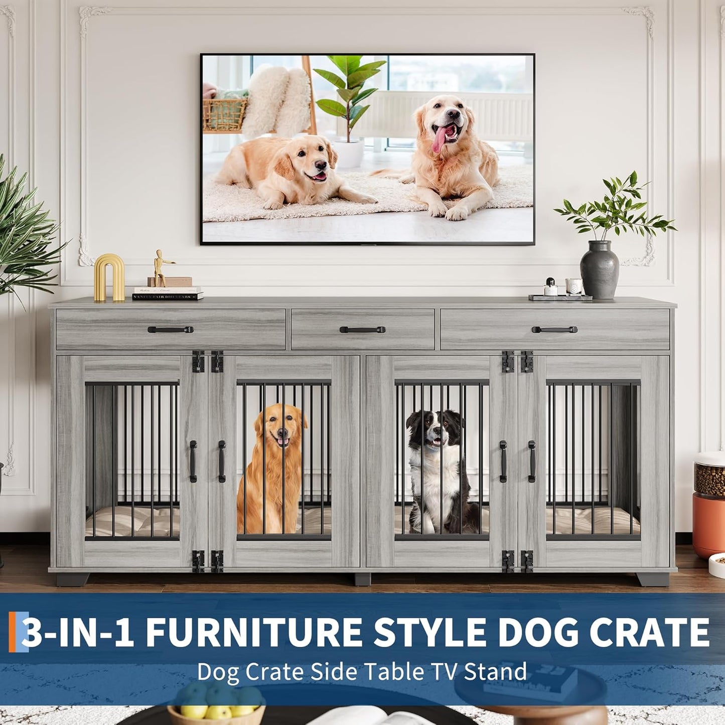 71 Inch Dog Crate Furniture for 2 Rooms, Wooden Double Crate Large Breed with Door, Dog Kennel Indoor, TV Stand End Table with Divider for Large Medium Dogs,Grey