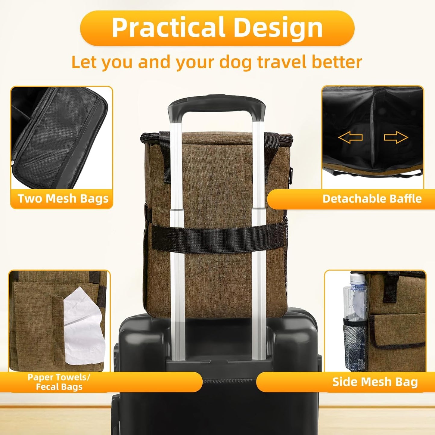Dog Travel Bag for Camping - Pet Travel Accessories with 2 Collapsible Bowls, 2 Food Containers & Waterproof Feeding Mat - Portable Dog Carrier, Coffee (Small)