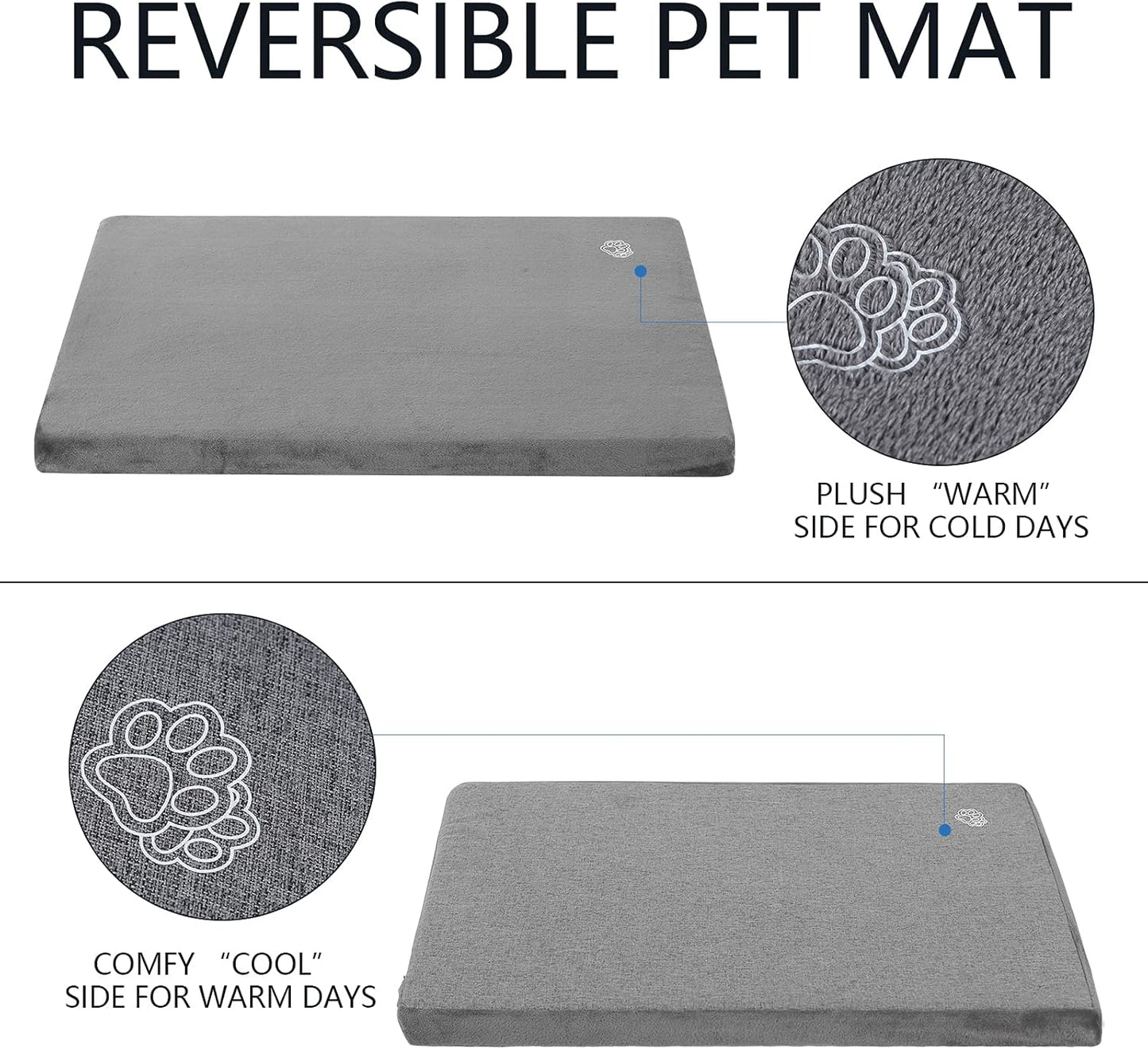 EMPSIGN Stylish Dog Bed Mat Dog Crate Pad Mattress Reversible (Cool & Warm), Water Proof Linings, Removable Machine Washable Cover, Firm Support Pet Crate Bed for Small to XX-Large Dogs, Grey