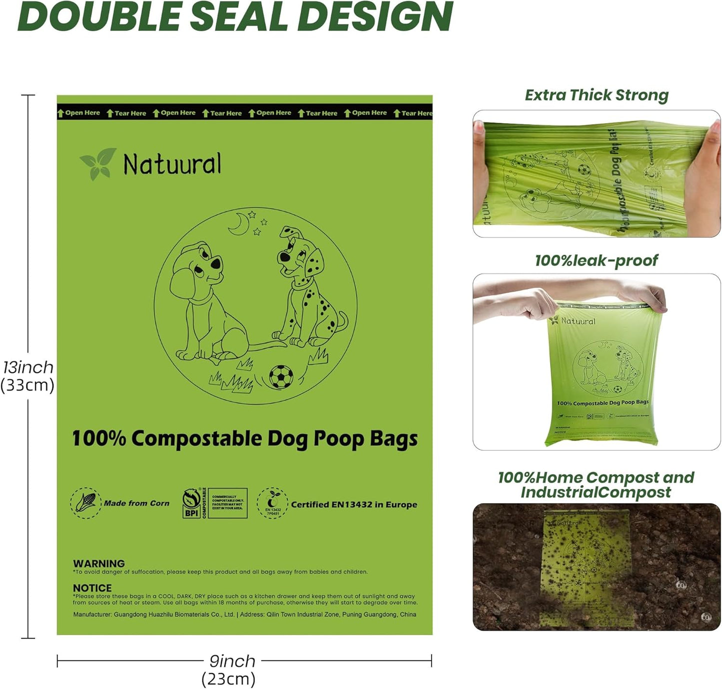 Certified Compostable Dog Poop Bags-270Bags 18Rolls, Poop Bags for Dogs Made of Cornstarch - ASTM D6400 By USA, Leakproof Easy Open, Unscented Dog Waste Bags (Green)