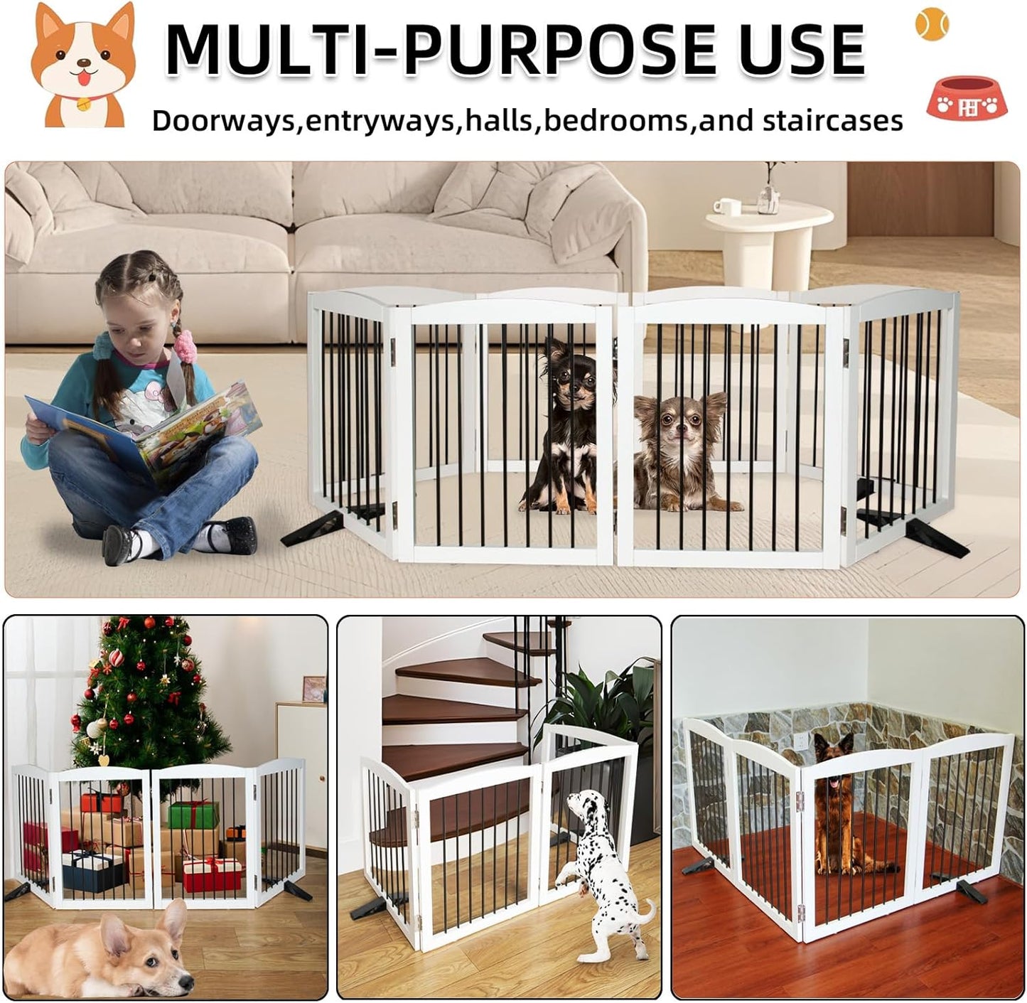 ZJSF Freestanding Panel Dog Gate for Indoor, Doorways,Stairs, or Hallways,Foldable Wooden White Pet Gates for House,Pet Gate for Dogs,Dog Fence, Puppy Gate,Support Feet Included,24 "Height-3 Panels