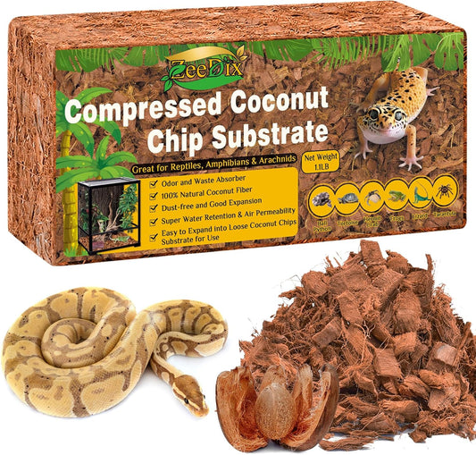 ZeeDix Natural Coconut Chips Substrate for Reptiles, Coconut Fiber Husk Reptiles Bedding, Compressed Coco Chips Substrate for Ball Python, Snakes, Tortoise, Hermit Crab, Frogs, Lizard, Tarantula