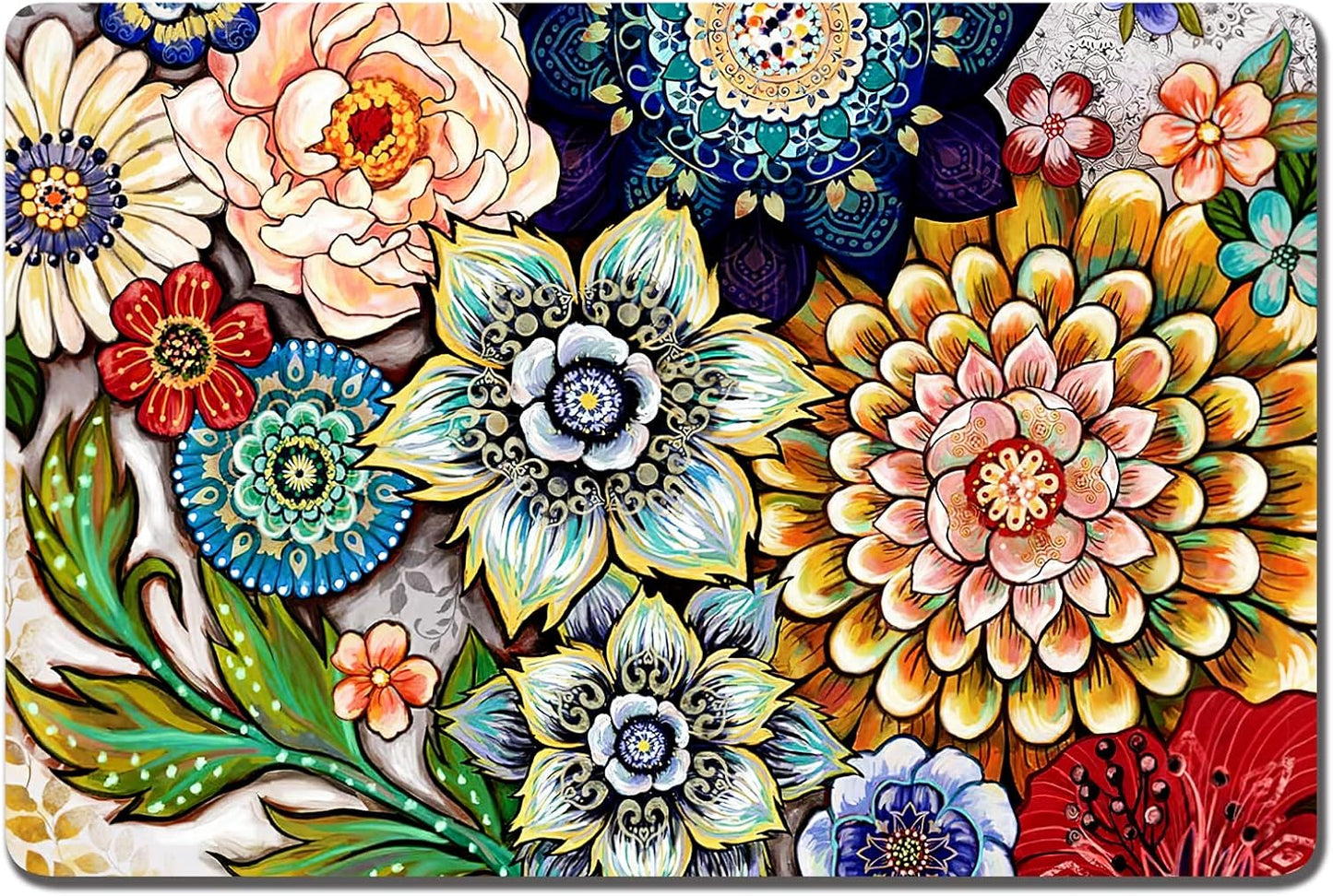 Rnivvi Dog Food Mat, 16" x 24" Flower Absorbent Dog Cat Bowl Mat for Food and Water, Cute Anti-Slip Rubber Pet Feeding Rug Protect Floors, Puppy Placemat for Feeding & Watering Supplies,Mandala Floral