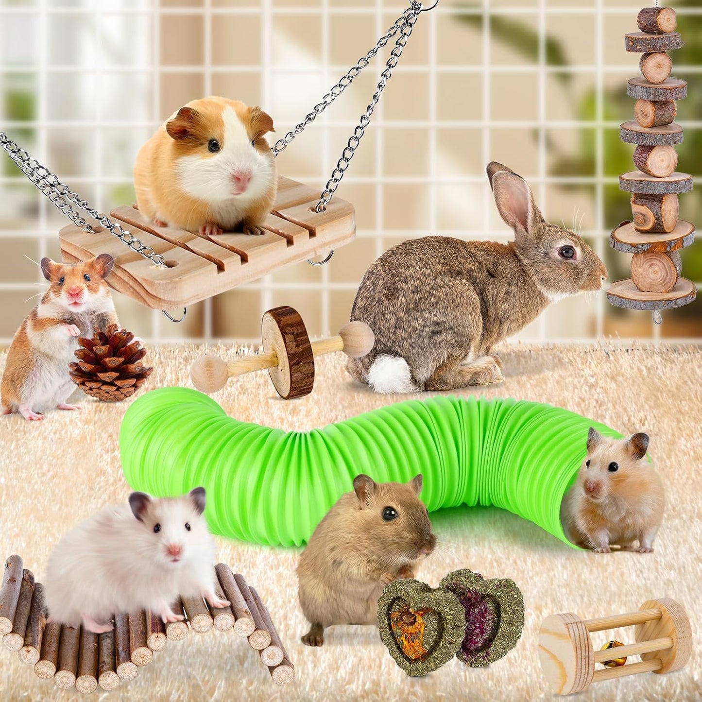 VESPRO Hamster Toys Set, Guinea Pig Toys Small Animal Chewing Toy and Rat Cage Accessories, Chinchillas, Gerbils, Rats, Rabbit Rodents Teeth Care, Apple Wood Timothy Hay Mouse Toy Swing Seesaw Bridge