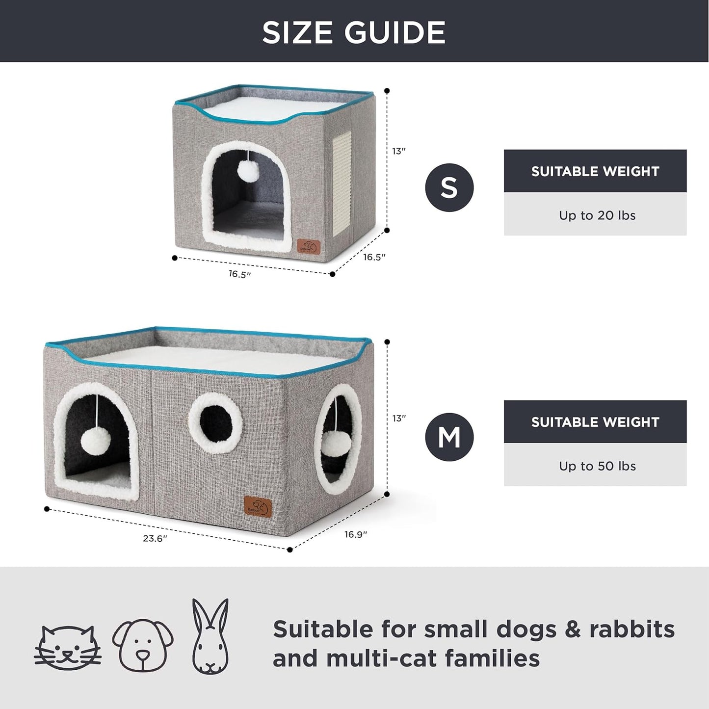 Bedsure Large Cat Beds for Indoor Cats - Extra Wide Cat Cube House for Small Pet with Fluffy Ball Hanging and Scratch Pad, Foldable Pet Cave Hideaway for Multiple Cats, 23.6x16.9x13 inches, Grey