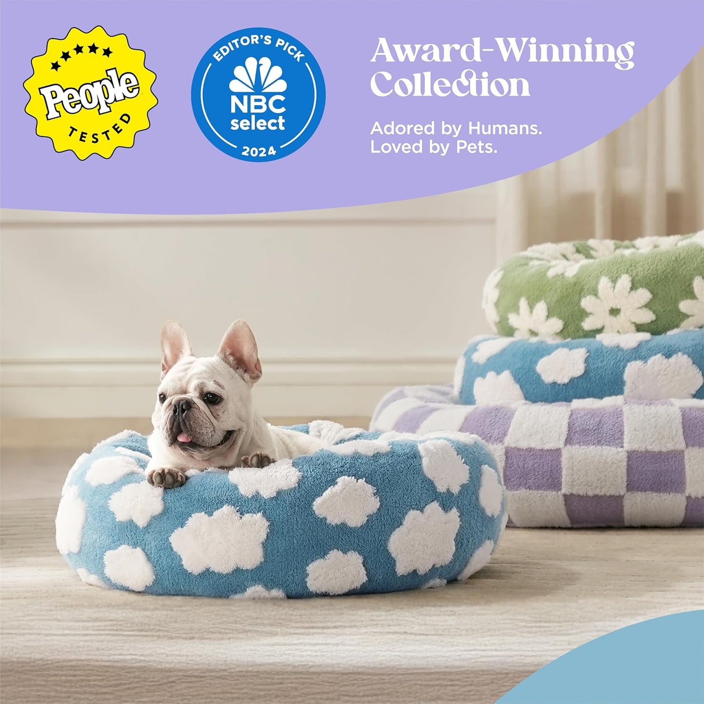 LE SURE Donut Dog Beds for Small Dogs - Round Cat Beds for Indoor Cats for Calming Pet with Washable Cover, Cute Modern Beds with Jacquard Shaggy Plush & Anti Slip Bottom, 23 Inch, Blue