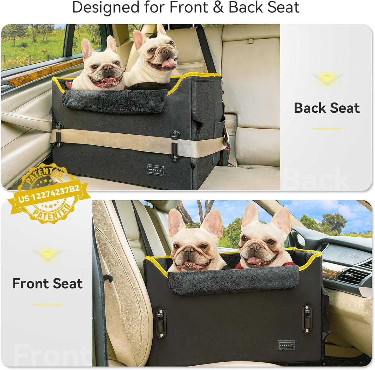 PETSFIT Dog Booster Car Seat, Dog Car Seats for Medium Sized Dogs or 2 Small Pets with 2 Safety Leashes and Patented Buckles, Carseat for Dogs with Storage Pockets for Pets Under 45Lbs (Black)