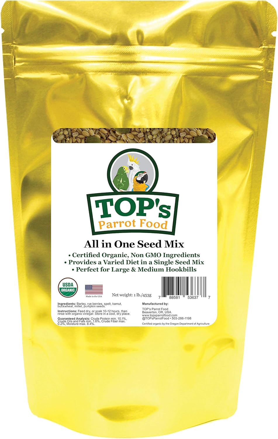TOP's All in One Seed Mix for Large Birds, Non-GMO, Peanut Soy & Corn Free, USDA Organic Certified, 1lb