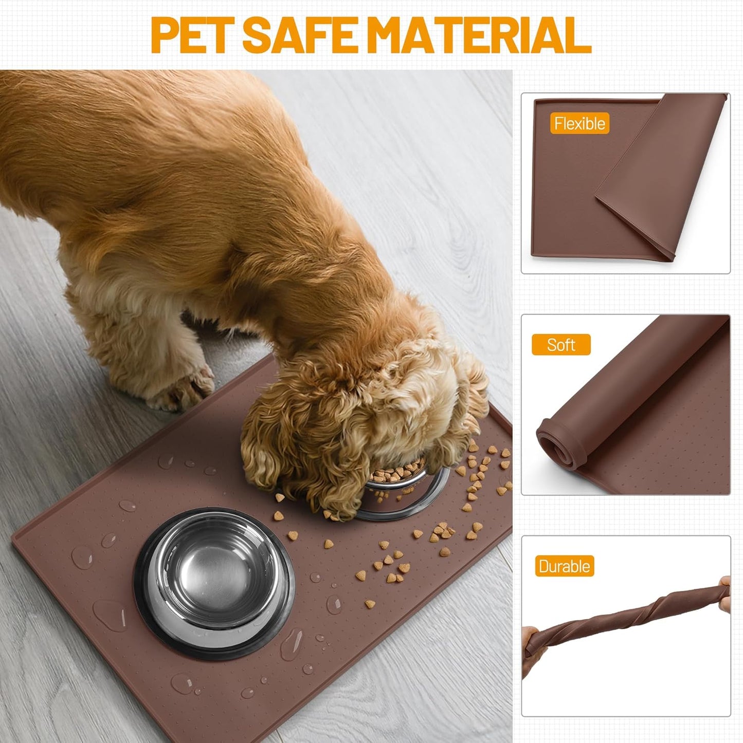 Hubulk Dog Feeding Mat,100% Waterproof Food Grade Silicone Pet Food and Water Bowl Placemat,Dishwasher, High Raised Edge to Prevent Spills,Nonslip Tray to Stop Messes on Floor（32"x24"x1.0", Brown）