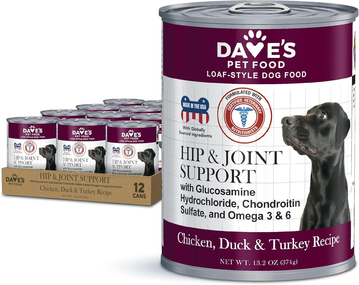 Dave's Pet Food Glucosamine Chondroitin for Dogs, Hip and Joint Support, Gluten-Free, Wet Senior Dog Food, 13.2 oz (Case of 12)