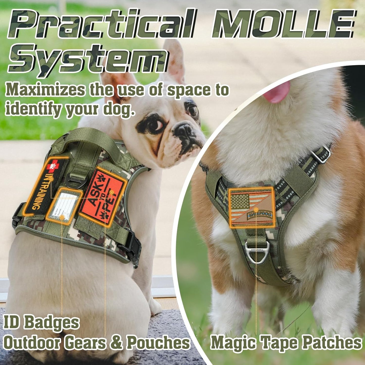 rabbitgoo Tactical Dog Harness for Large Dogs, No Pull Military Service Vest with Handle & Molle, Easy Control for Training Walking, Adjustable Reflective Straps, Green camo, L