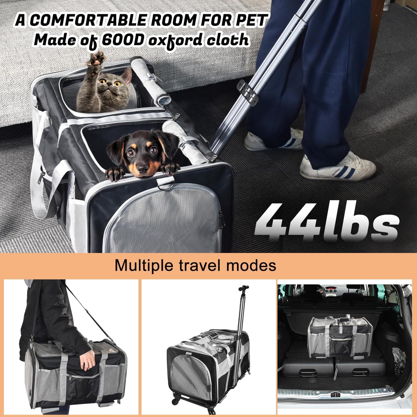 Cat Carrier for 2 Cats, Large Dog Cat Carrier with Wheels for Under 44lbs, Rolling Pet Carrier with Removable Pole Platform and Upgraded Wheels Dog Cat Travel Carrier for Hiking Camping, Black
