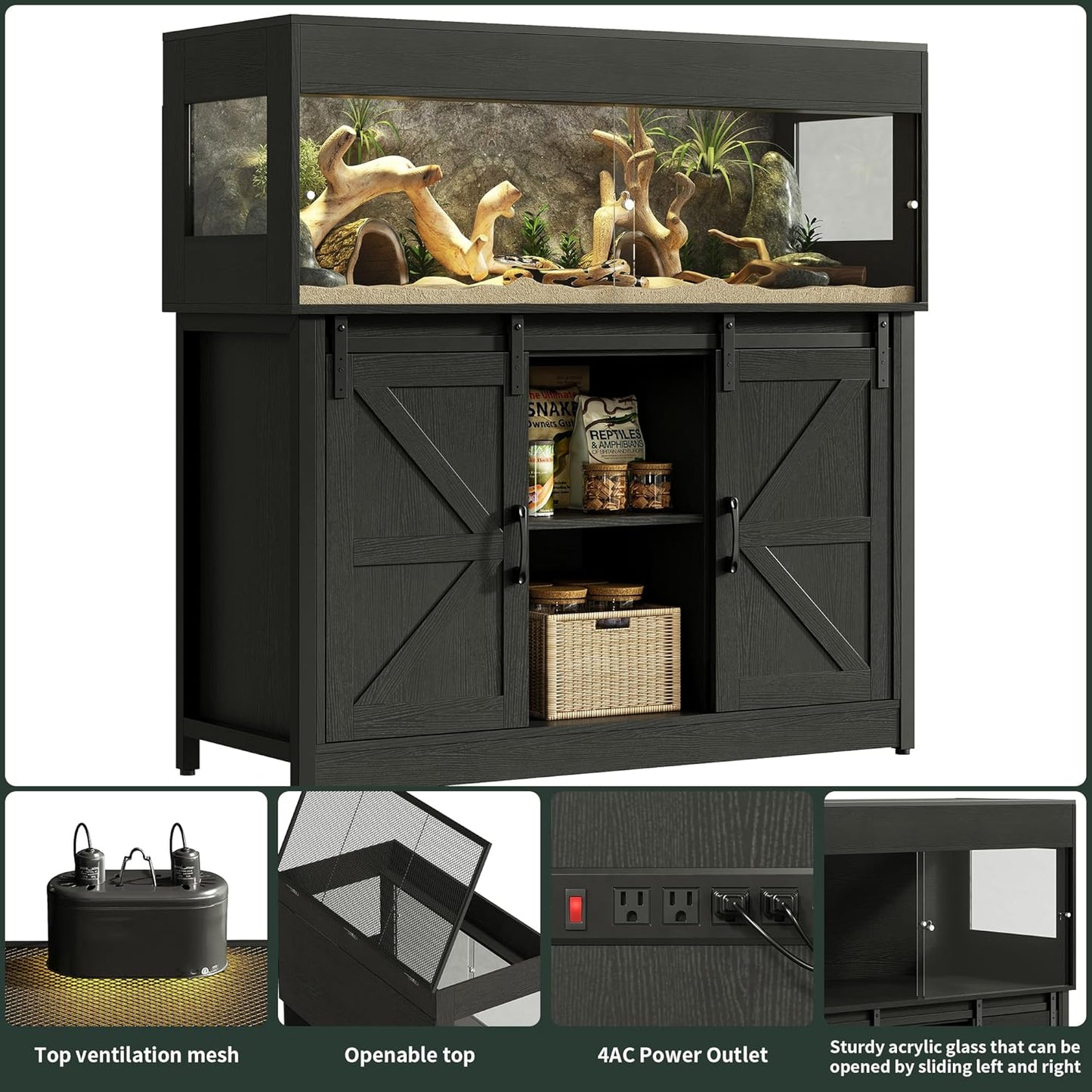 60 Gallon Reptile Terrarium with Stand, Terrarium Enclosure with Acrylic Doors, Storage Cabinet with Barn Door, Mesh Lid & Power Outlet – Vivarium Habitat for Medium Reptiles Black PX05RTB
