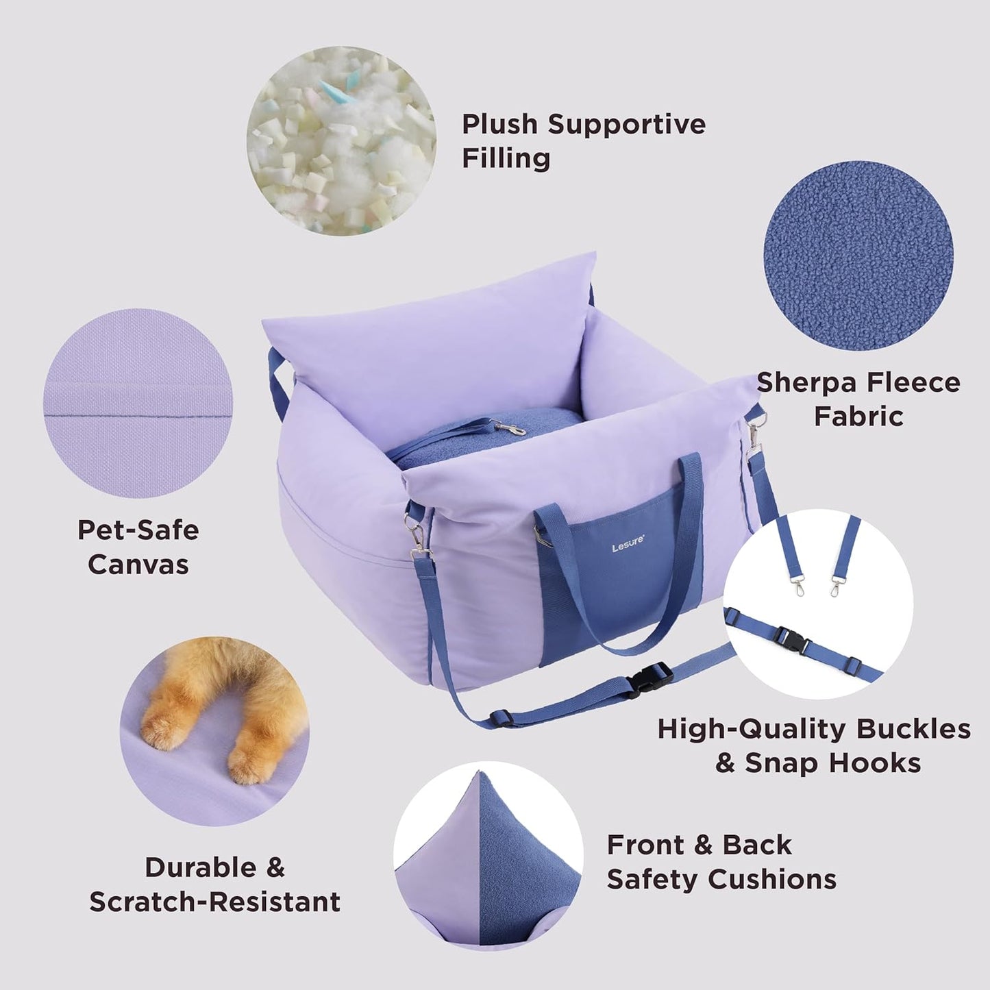 Lesure Small Dog Car Seat for Small Dogs - Waterproof Dog Booster Seat for Car with Storage Pockets and Clip-On Safety Leash and Thickened Memory Foam Filling, Puppy Travel Carrier Bed, Lavender Fog