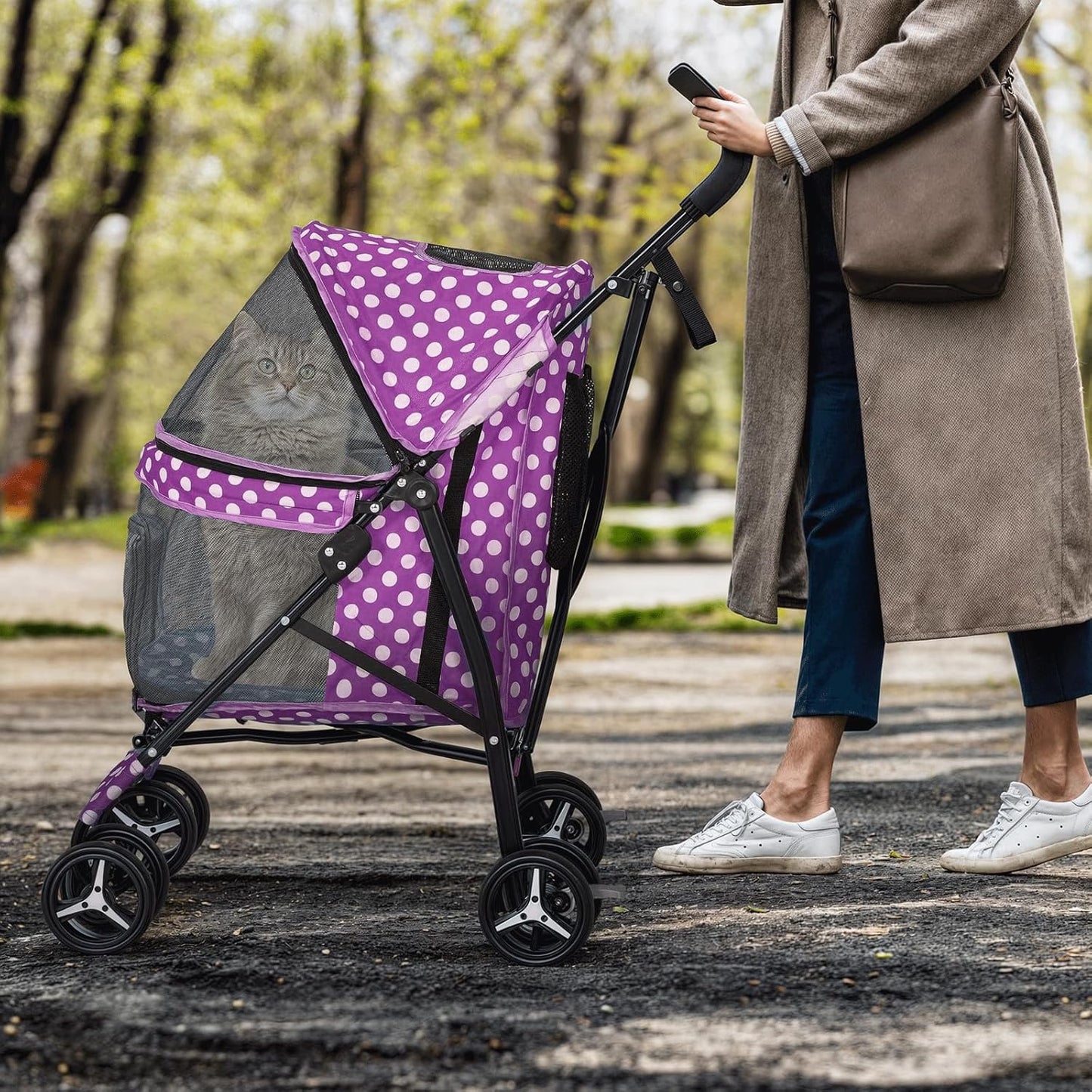 MoNiBloom 4 Wheels Pet Stroller, Easy-Fold Umbrella Shaped Dog Cat Jogger Stroller w/Storage Bag & Visible Mesh for Small/Medium Dogs Cats Purple Polka Dots