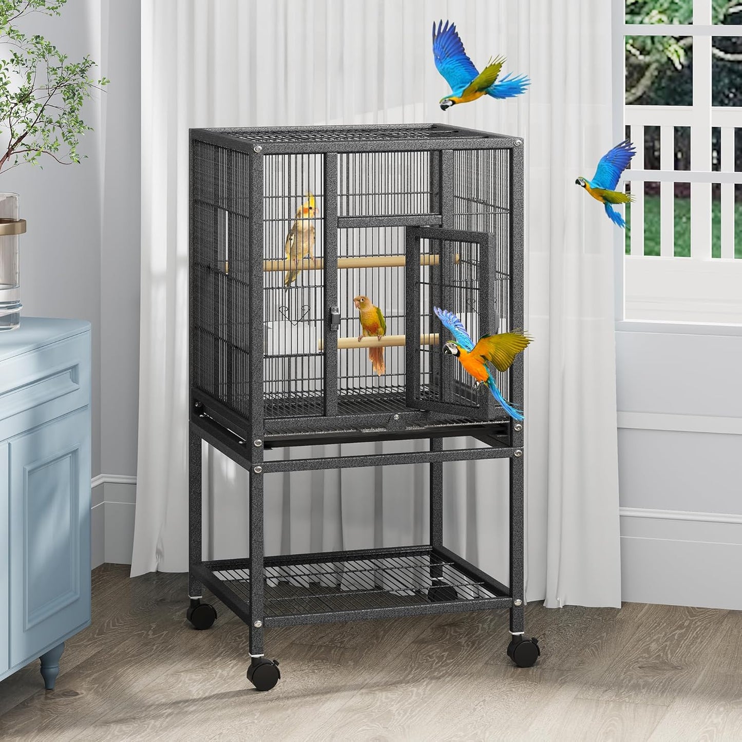YITAHOME 41 inches Metal Bird Cage for Parakeets: Large Parrot Cages with Tray, Food Boxes, and Wooden Perches with Rolling Stand & Brakes for Lovebirds Cockatiels Pigeon Finches, Black