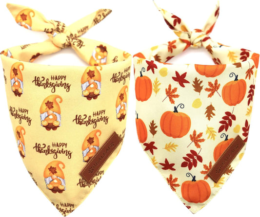 Realeaf Thanksgiving Dog Bandanas 2 Pack, Pumpkins and Happy Thanksgiving Pet Scarf for Boy and Girl, Premium Durable Fabric, Reversible Holiday Bandana for Medium and Large Dogs Pets (Large)