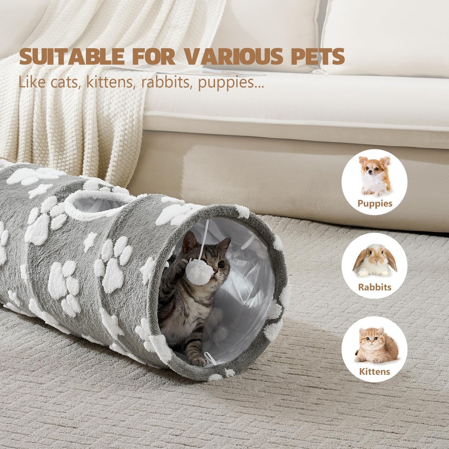 Straight Cat Tunnel for Indoor Cats 47"x12", Cute Cat Toys Collapsible Tunnel Tube with Balls for Puppy Kitten Rabbit, Grey Paw
