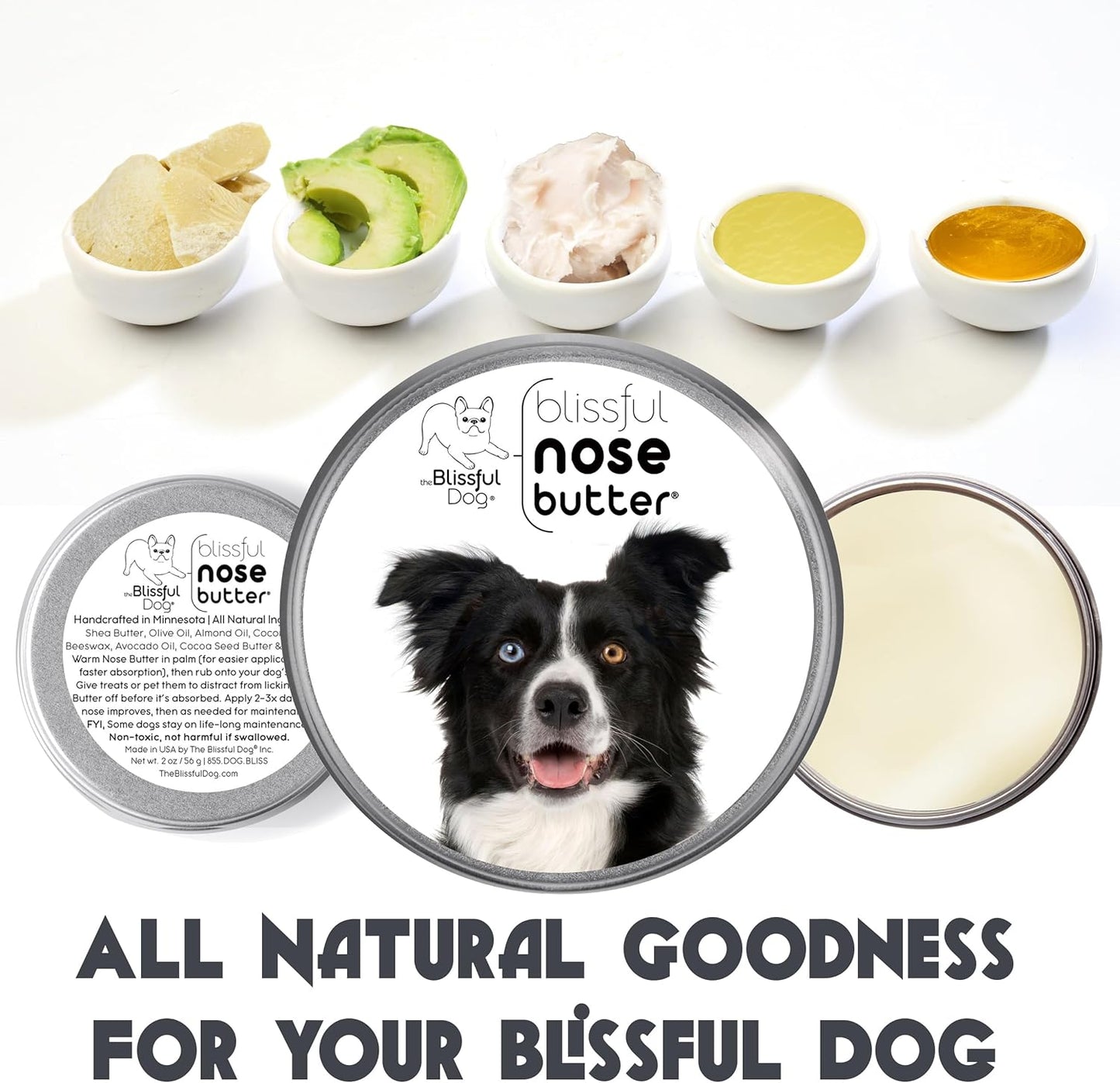 The Blissful Dog Border Collie Nose Butter for Dry, Cracked Skin, Lick-Safe Dog Nose Balm with Moisturizing Shea Butter, Almond, Olive, and Essential Oils, Pet Supplies, Uncented, 4 oz.