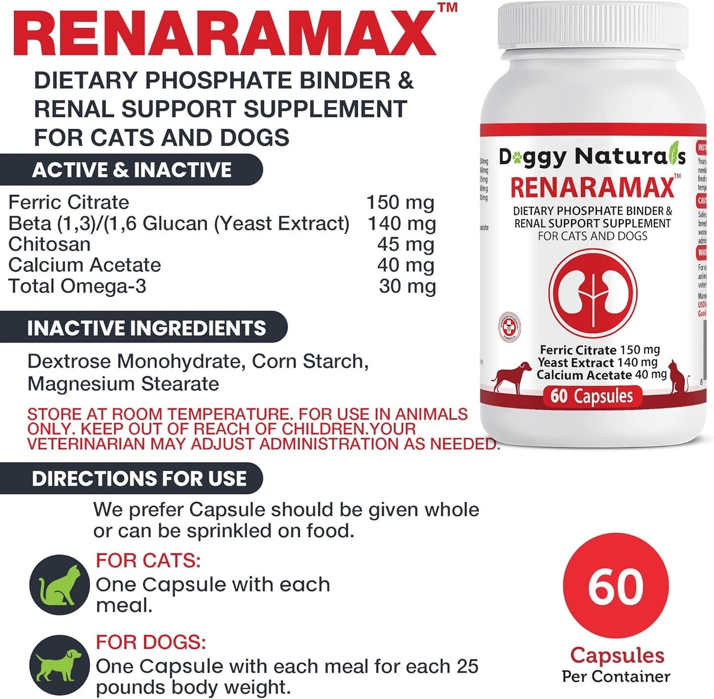 RENARAMAX Dietary Phosphate Binder and Renal Support Supplement for Cats and Dogs Count (Made in U.S.A) (60 Caps)