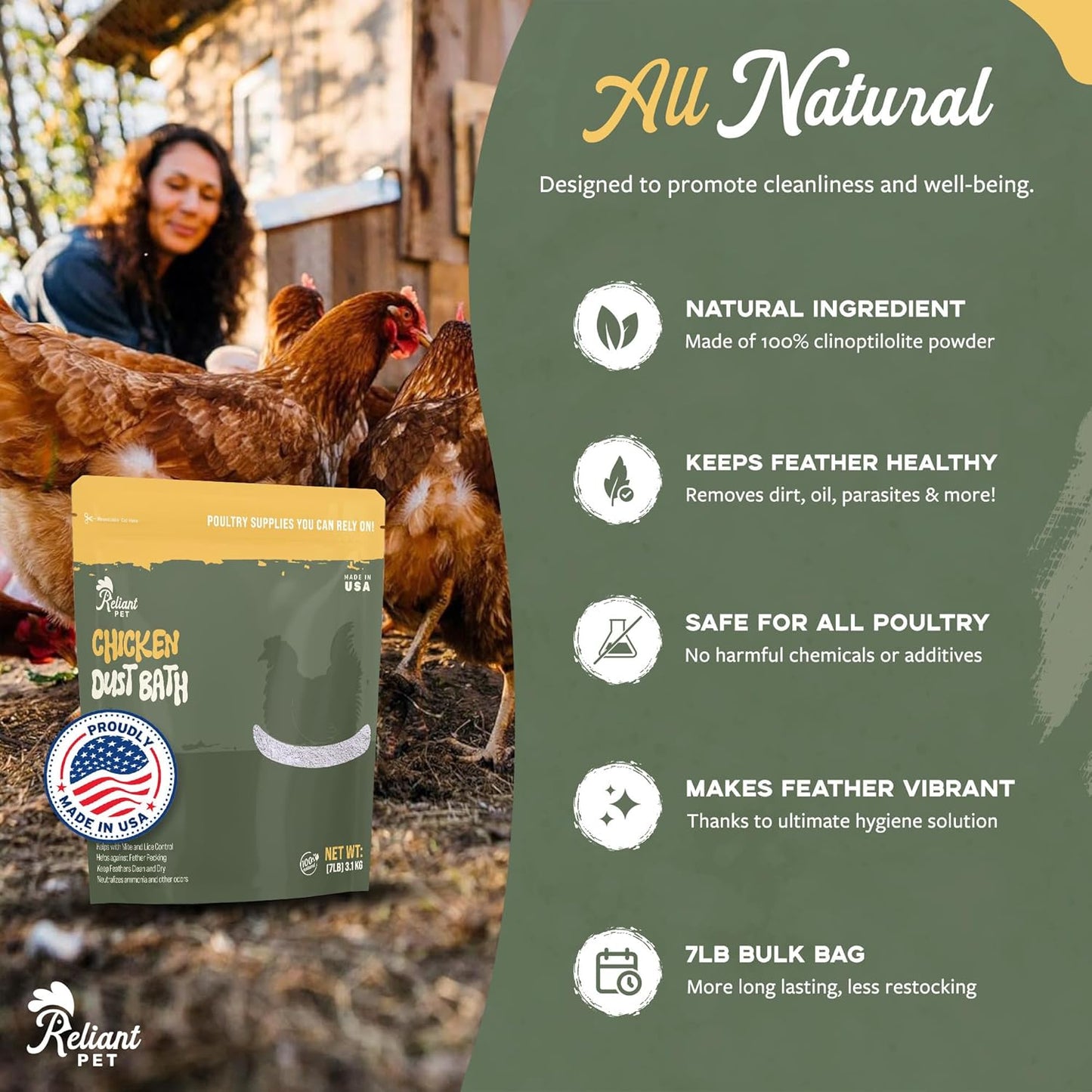 Chicken Dust Bath - 7lbs, Made in USA Natural Dust Bath for Chickens - Ideal Chicken Dust for Bath Tub Mix - Poultry Dust Powder for Chicken Coop