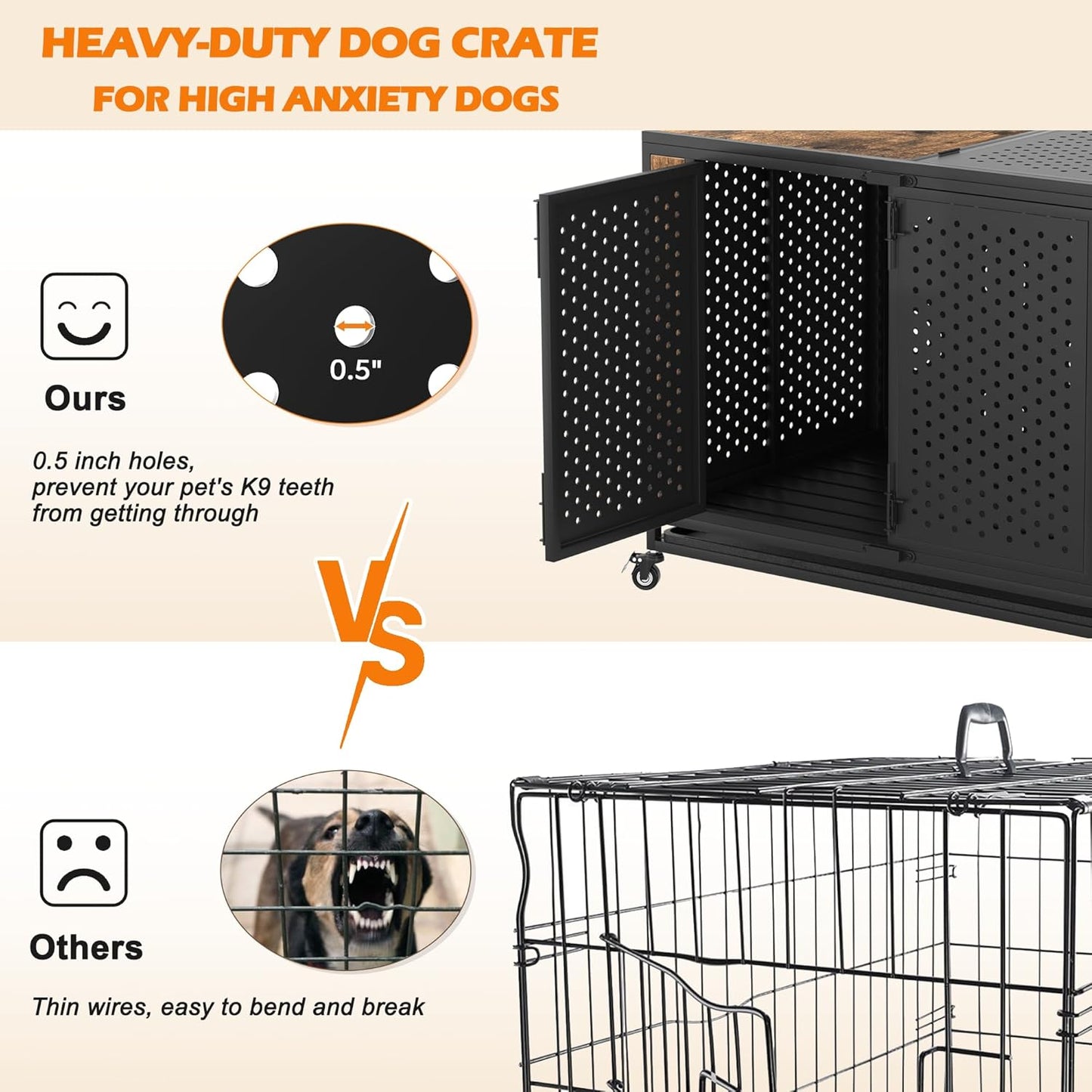 42" Heavy Duty Dog Crate Furniture for Large and Medium Dogs, Enclosed Design with 0.5 inch Holes, Indestructible Metal Kennel for High Anxiety Dogs, Chew Proof Pet House Cage Indoor, Brown