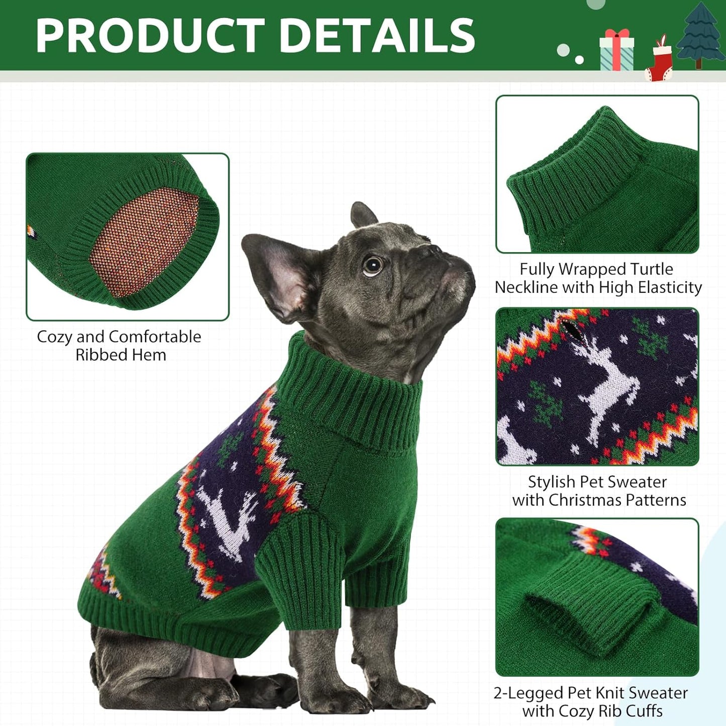 Queenmore Dog Christmas Sweater,Turtleneck Knitted Pullover Xmas Pet Clothes Sweatshirt,Christmas Outfit, Warm Dog Sweaters for Small Dogs Boy Girl,XmasDeer,L