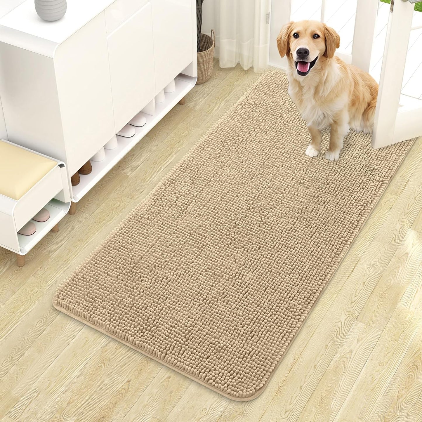 OLANLY Dog Door Mat for Muddy Paws 44x24, Absorbs Moisture and Dirt, Absorbent Non-Slip Washable Doormat, Quick Dry Chenille Mud Mat for Dogs, Entry Indoor Entryway Carpet for Inside Floor, Beige