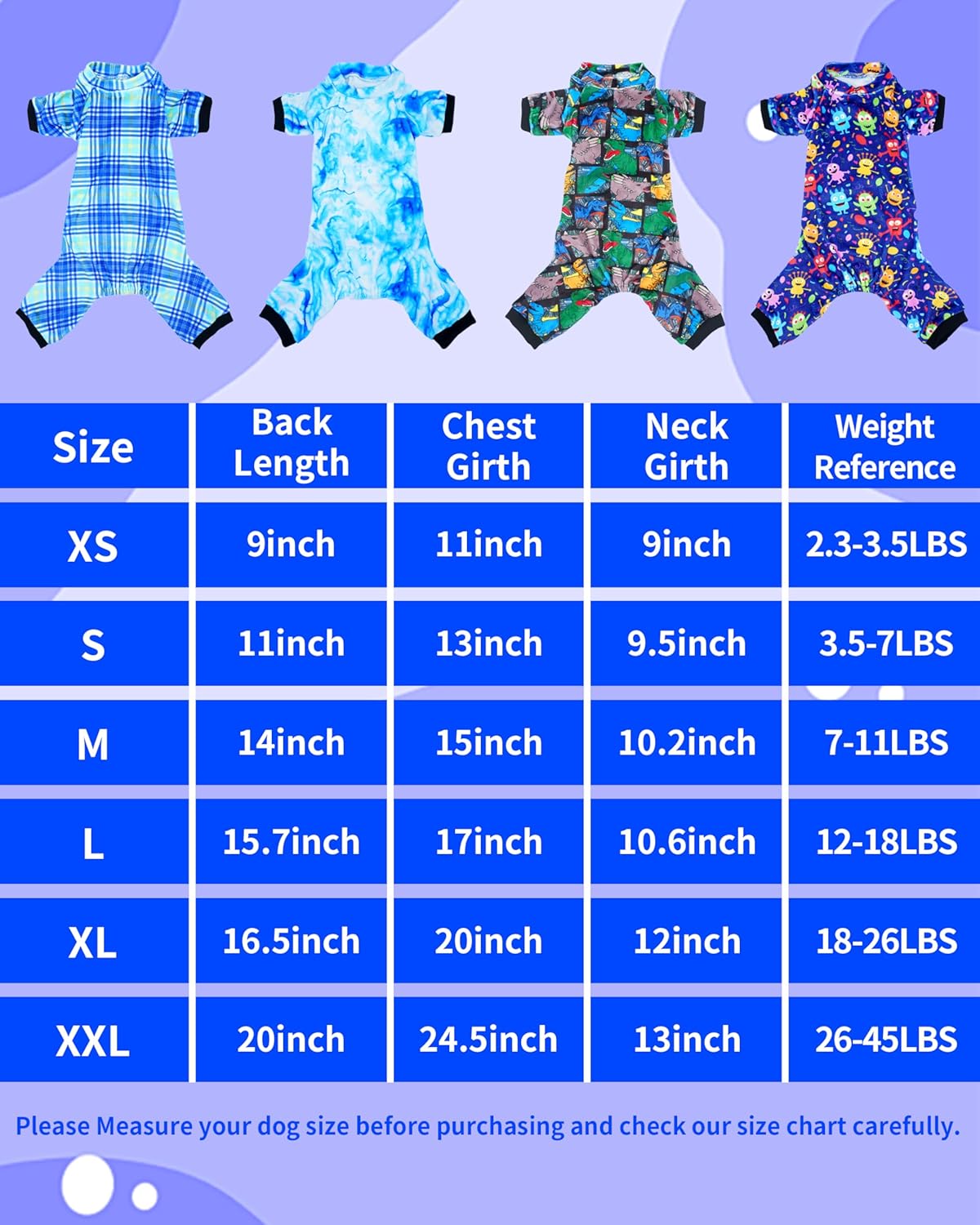 PET SHOW 4 Pack Small Dog Pajamas Cute Dinosaur Monster Clothes for Medium Dogs Soft Stretchy PJs Plaid Jumpsuit Puppy Cats Tie Dye Onesies Outfits with Sleeve Pets Dachshund Costume(L, Blue for Boys)