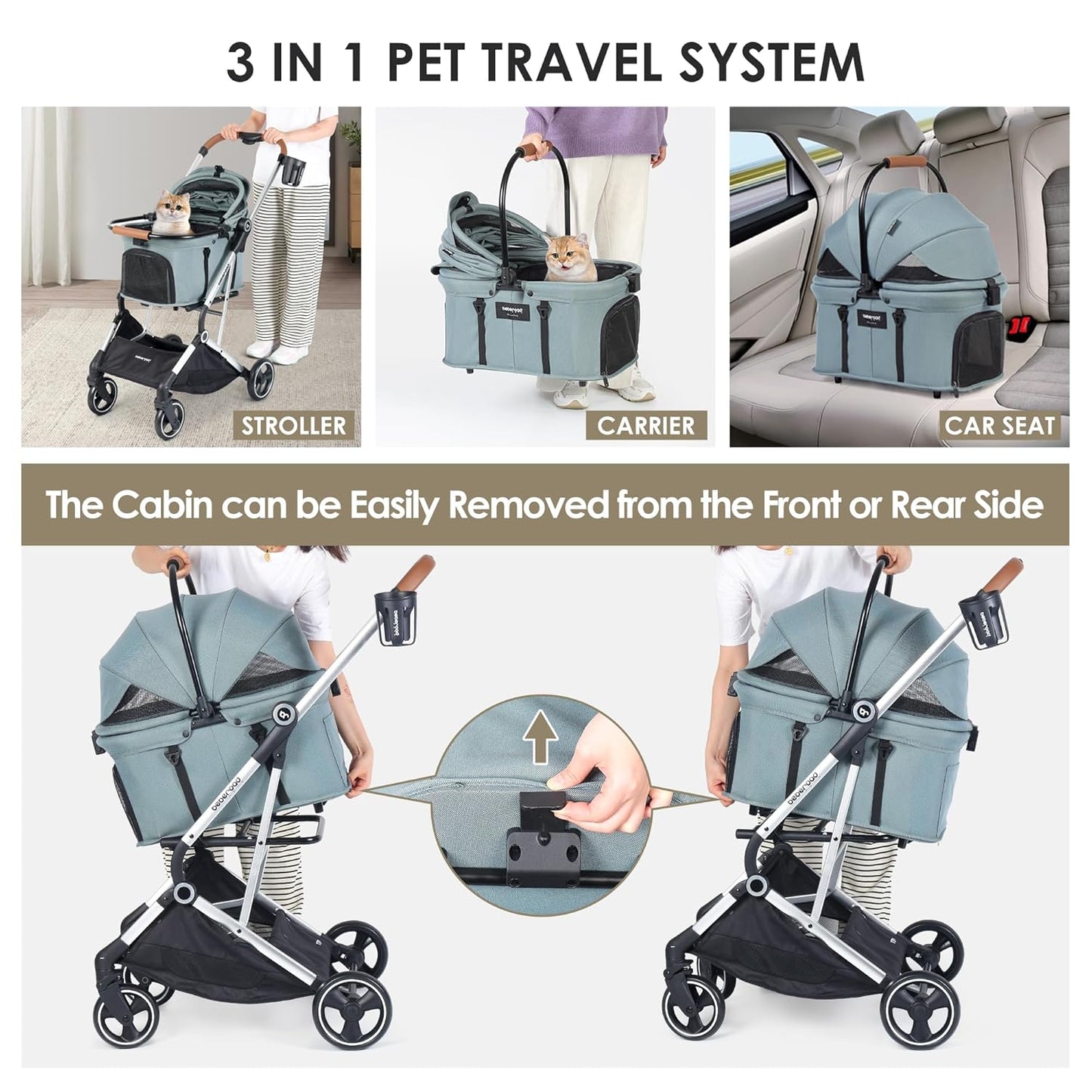 T3 Pro 3-in-1 Small Pet Stroller for Dog & Cats, 4 Wheels with Detachable Carrier with Pad, Canopy and Cup Holder, Green