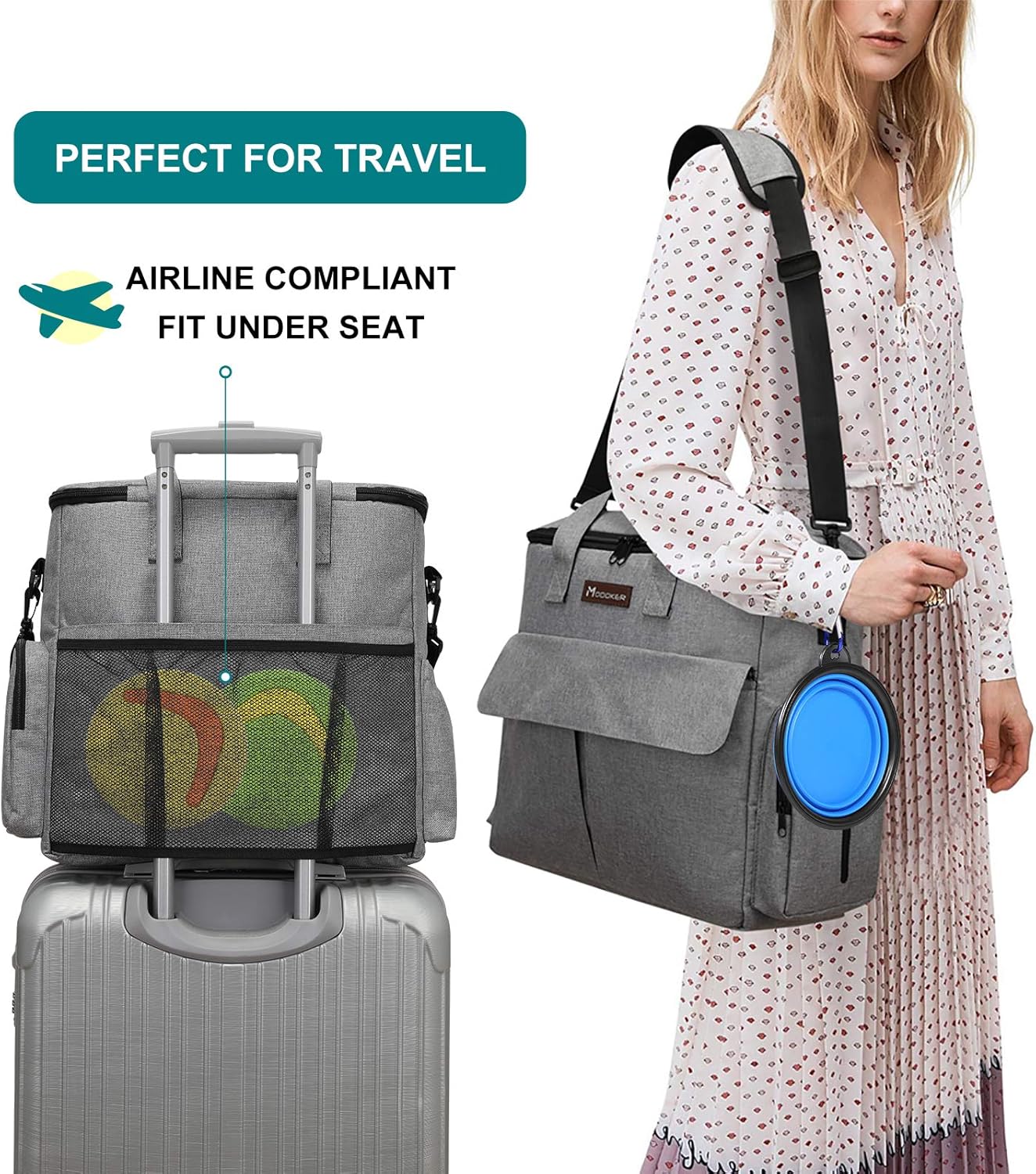 Modoker Dog Travel Bag, Weekend Pet Travel Set for Dog and Cat, Airline Approved Tote Organizer with Multi-Function Pockets, 2 Food Storage Containers, 2 Collapsible Bowls, 1 Feeding Mat (Grey)