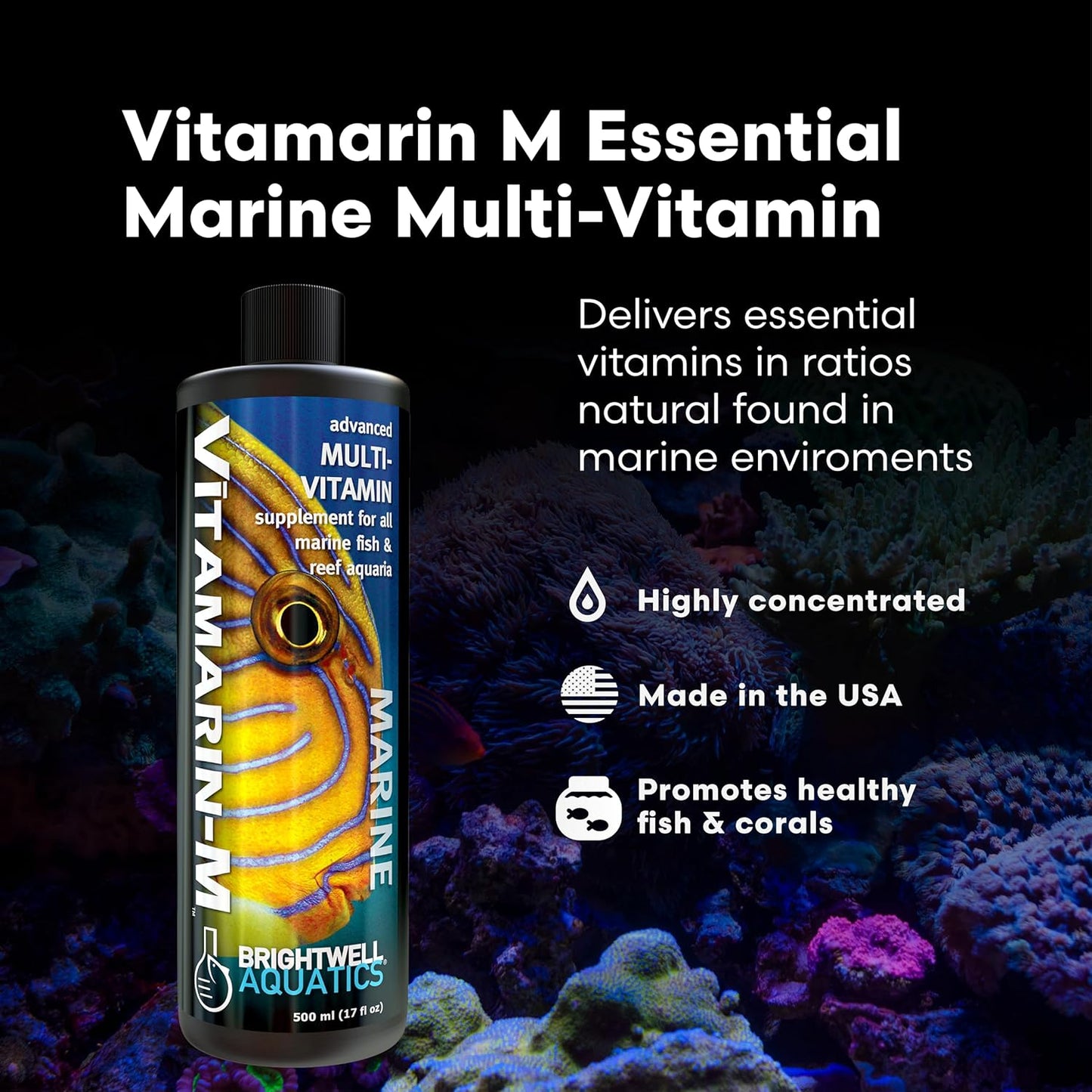 Brightwell Aquatics Vitamarin-M – Complete Vitamin Supplement for Marine Fish, Corals & Invertebrates – Supports Growth, Color & Immune Health – No Refrigeration, 2L