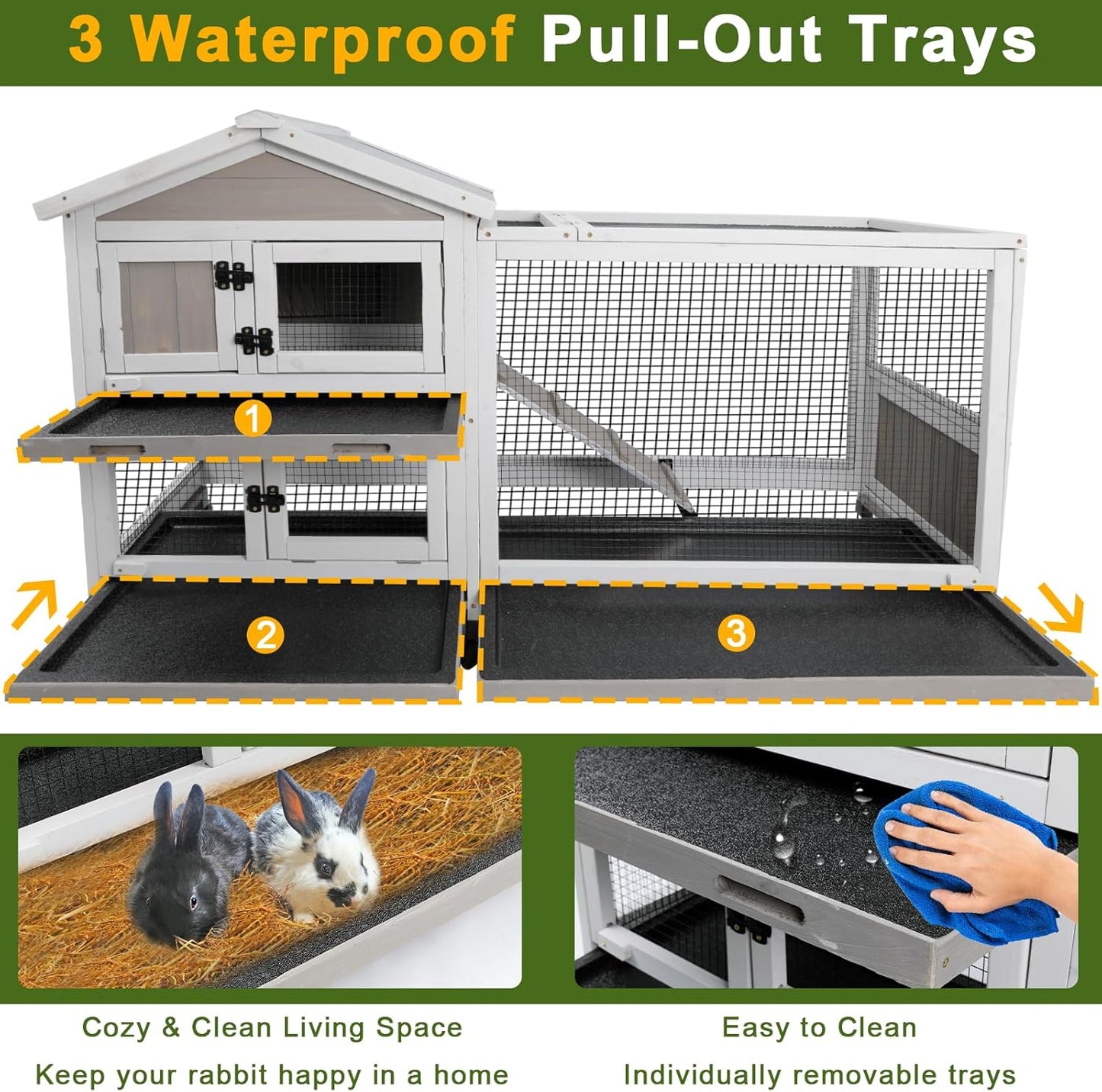 Rabbit Hutch Outdoor Indoor Bunny Hutch with Run 2-Story Large Rabbit Cage on 6 Wheels, 3 Leak Proof Trays, Ramp, Waterproof Roof for Small to Medium Animals, Expandable Design