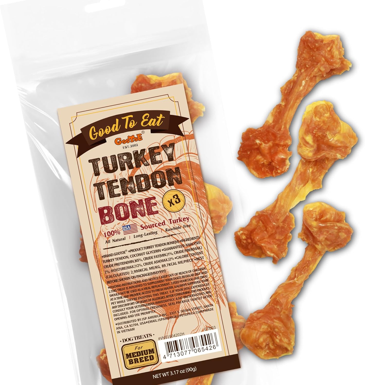 Gootoe Turkey Tendons for Dogs –All-Natural, Hypoallergenic Dog Treats, Rawhide Alternative, Long Lasting Puppy Chews, Healthy Dog Treats for Medium Breeds, Bone (M), 3 Count Pack