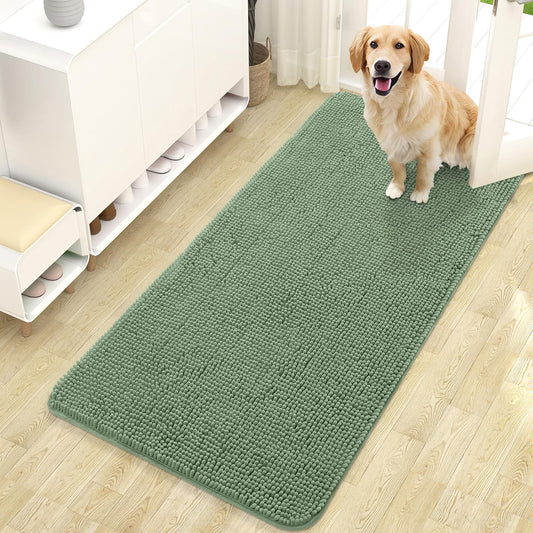 OLANLY Dog Door Mat for Muddy Paws 47x24, Absorbs Moisture and Dirt, Absorbent Non-Slip Washable Doormat, Quick Dry Chenille Mud Mat, Entry Indoor Entryway Carpet for Inside Floor, Olive Green