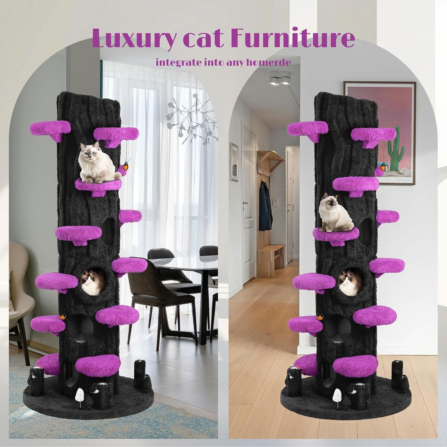 Super Large Cat Tree for Indoor Cats, All-in-One Tall Cats Tower with Scratching Post, Luxury Multi-Level Solid Wood Cat Condo for Multi-Cat Families (Purple)