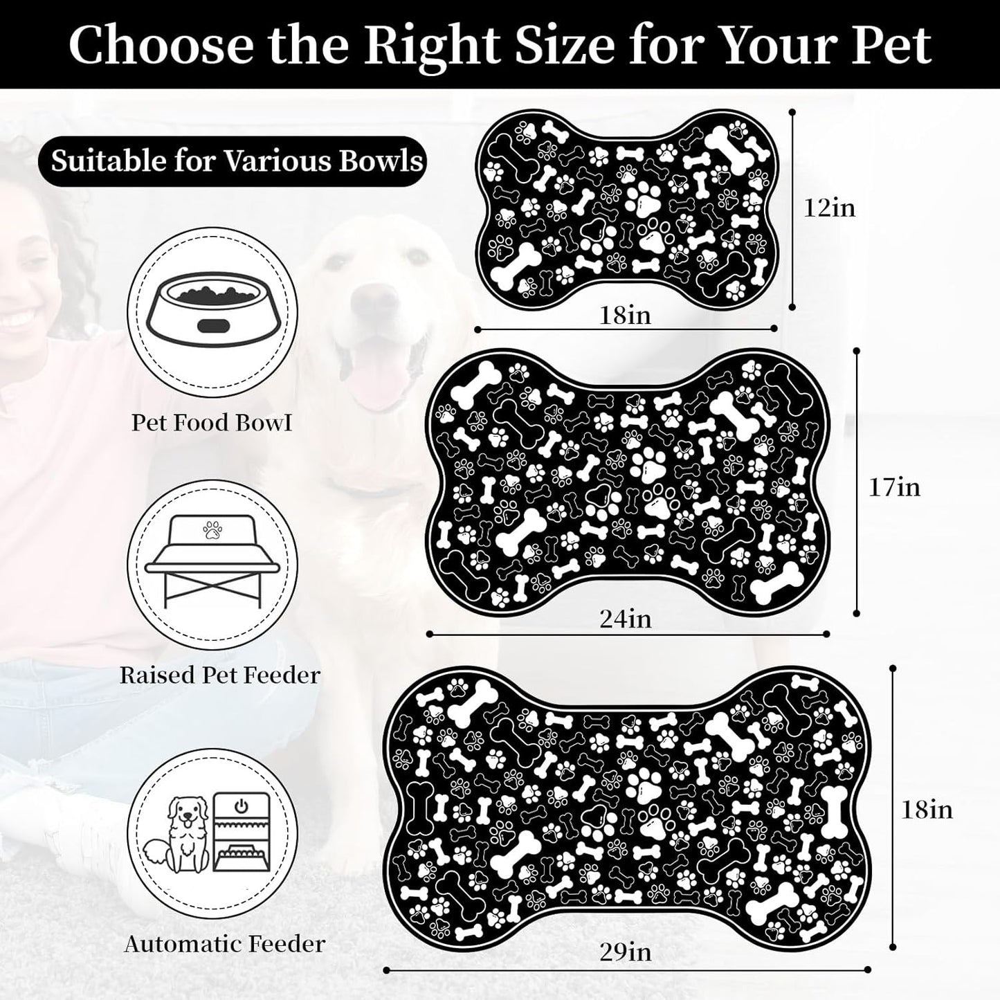 Dog & Cat Food Mat Bone Shaped Pet Feeding Mat Quick Absorb Water Bowl Placemat with Rubber Backing Indoor Floor Stain Resistant Pet Accessory Supplies (Black Small, 12x18 Inches)