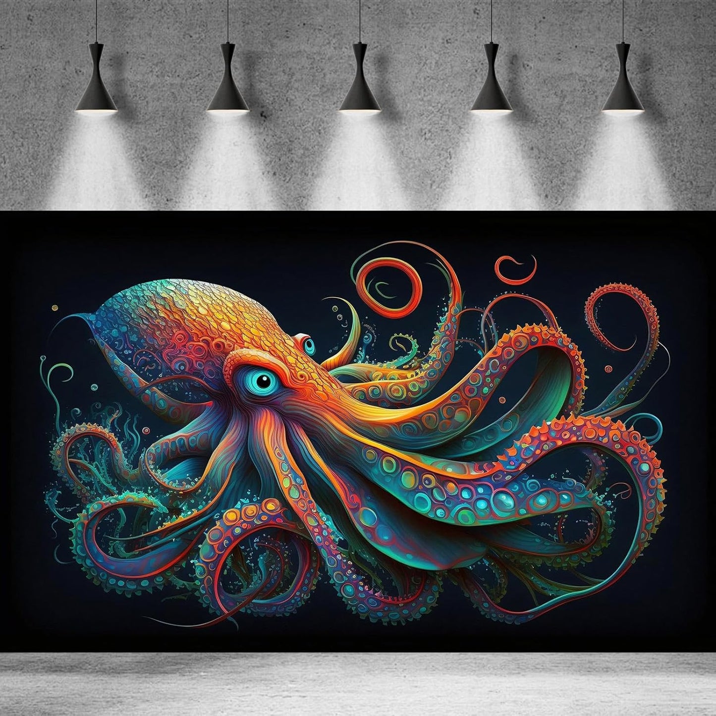 Octopus Aquarium Background Abstract Colorful Octopus Terrarium Background Glowing Octopus on Black Background Fish Tank Backdrop Poster Wallpaper Decorations Vinyl 60x24in