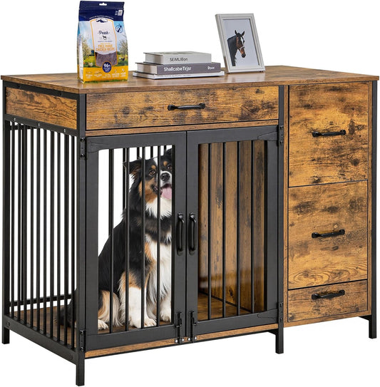 VECELO Dog Crate Furniture, 43 inch Wood Dog Crate End Table with Storage Drawers, Heavy Duty Dog Kennel Furniture Indoor, Rustic Brwon