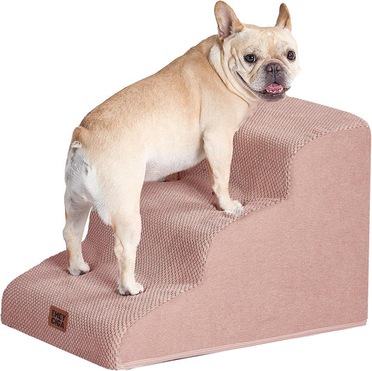 EHEYCIGA Curved Dog Stairs Ramp for Small Dogs 15.7" H, 3-Step Dog Steps for Couch Sofa and Chair, Pet Stairs for Cats, Non-Slip Balanced Pet Steps Indoor, Dusty Pink