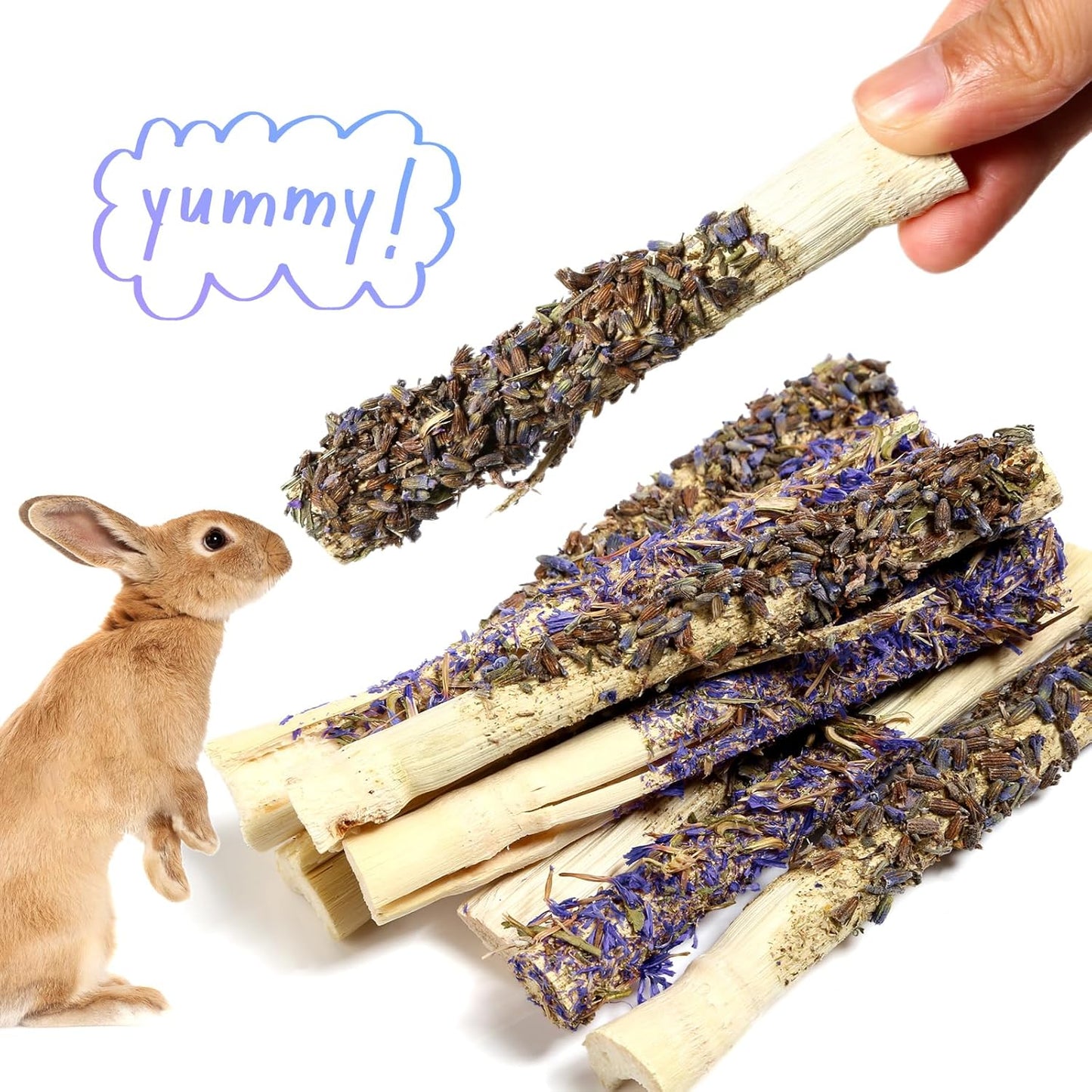 Abizoo Sweet Bamboo Rabbit Chew Sticks Treats and Toys 8Pcs Natural Hay with Forget-Me-Not Lavender for Bunny Guinea Pig Chinchilla Dental Care
