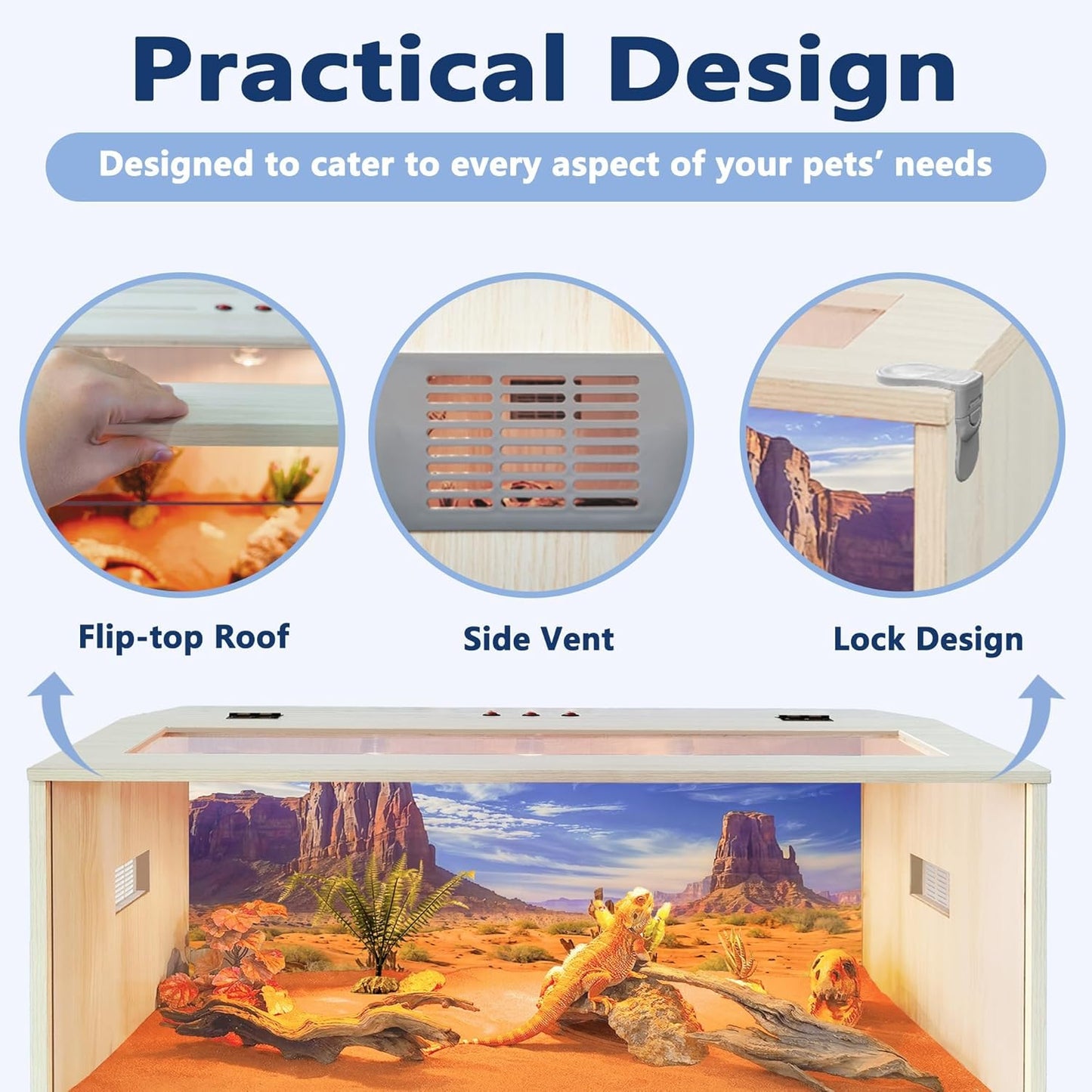 Prolee Reptile Terrarium, Lizard Tank Up to 68 Gallons, Bearded Dragon Tank with Roof Door, Snake Tank with Built-in Lamp Fixture and Switch (68 Gallon, 48" Long, Openable Wood Roof)