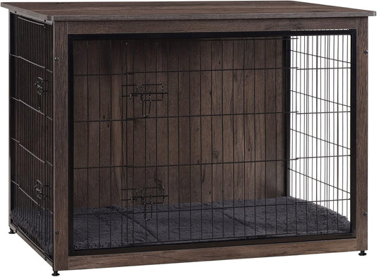 DWANTON Dog Crate Furniture with Cushion, Wooden Kennel Table with Double Doors, Indoor Dog House, Extra Large Size, 43.3" L, Dark Gray