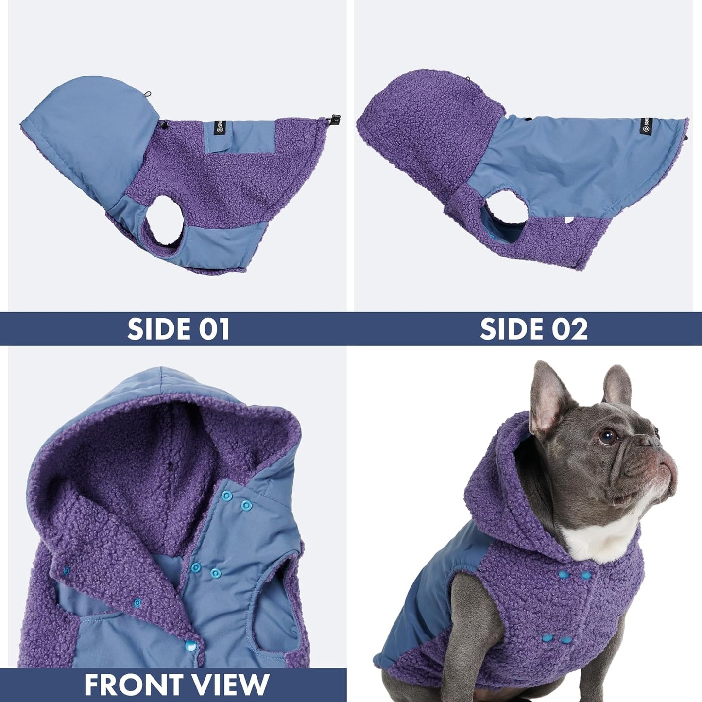 Spark Paws Reversible Dog Sweater, Sherpa Jacket Vest with Warm Fleece Lining, Warm Coat for Winter, Suitable for Small Medium, Large, XL XXL Dogs - Purple and Navy Blue - L