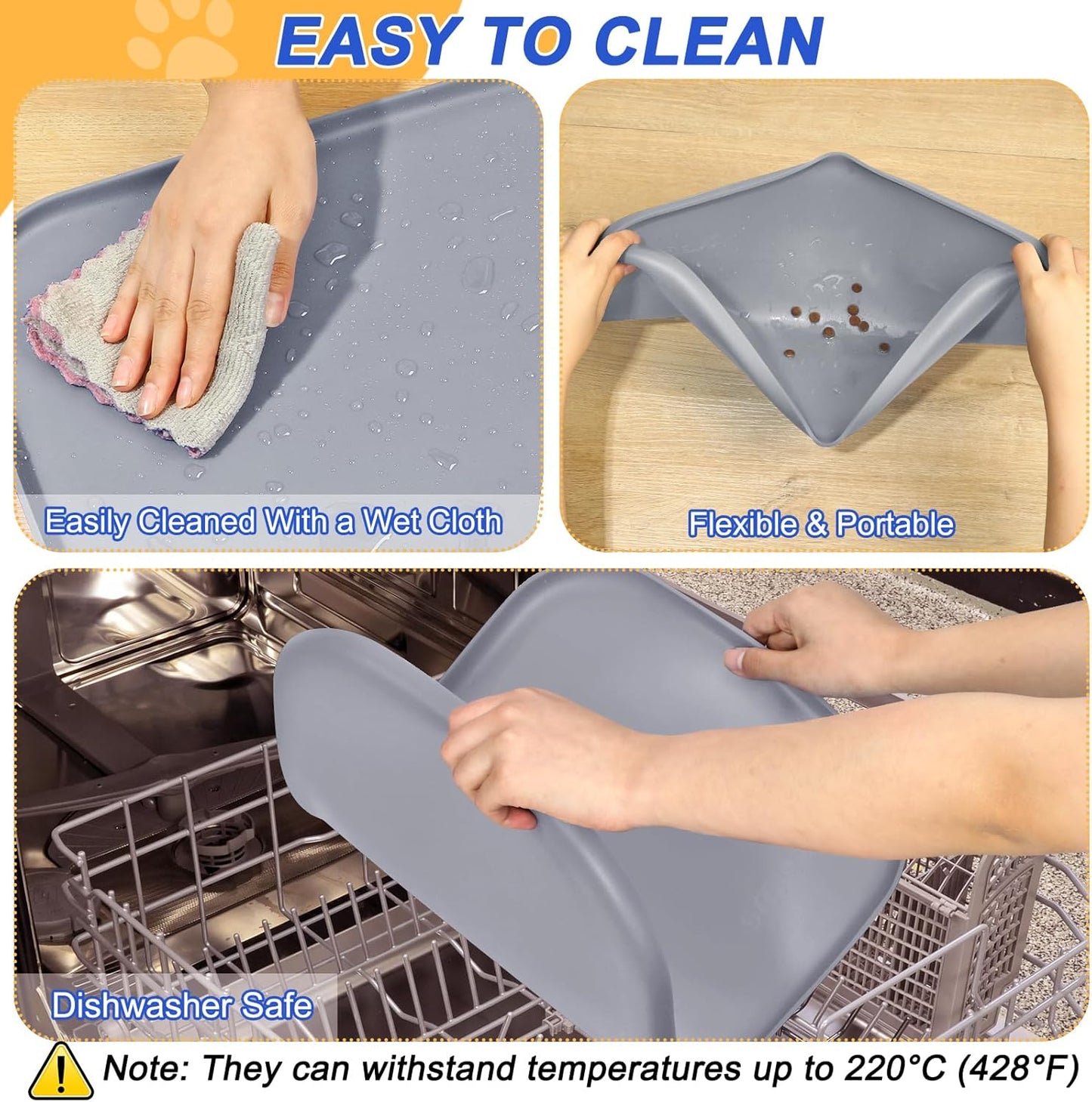 Silicone Pet Feeding Mat with Raised Edge for Food and Water, Dog Bowl Mats, Cat Bowls Placemat with High Lip for Floor Waterproof, Rubber Tray for Cats and Dogs 19 x 12 x0.7 Light Gray