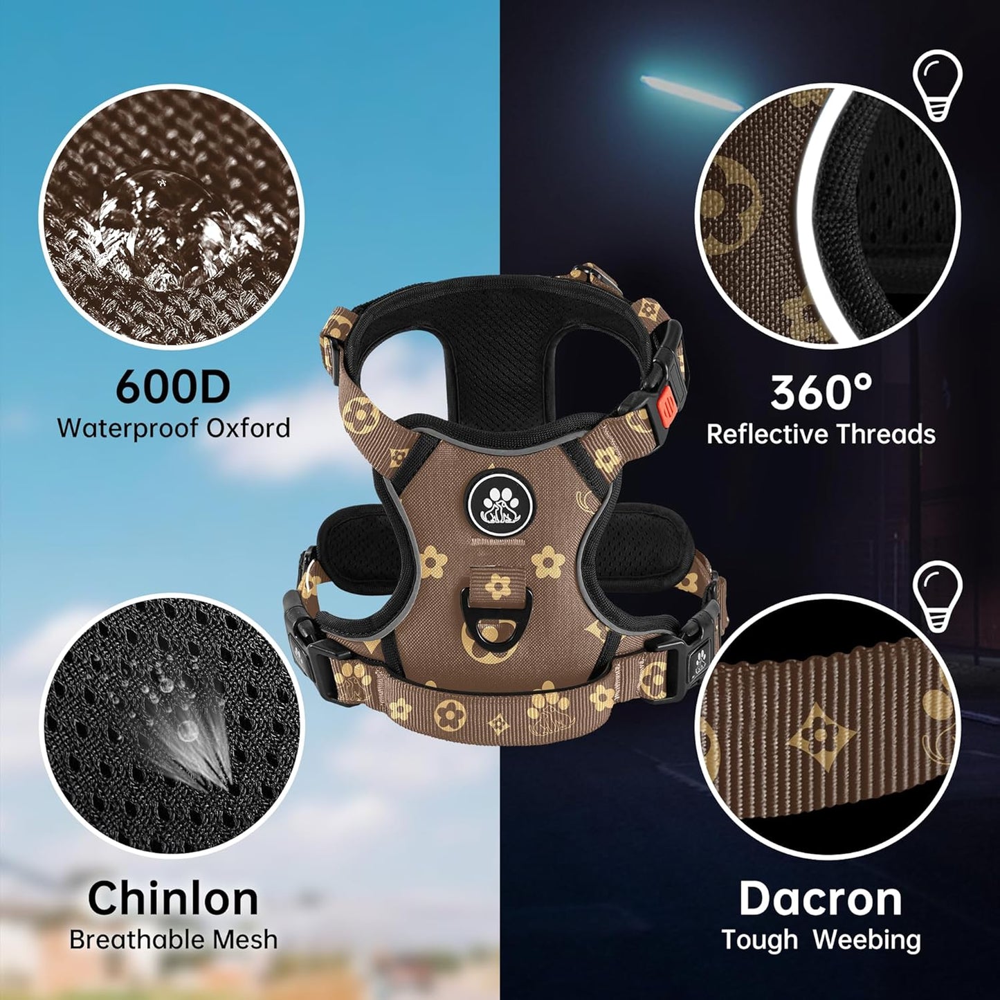 NESTROAD No Pull Dog Harness,Adjustable Oxford Dog Vest Harness with Leash,Reflective No-Choke Pet Harness with Easy Control Soft Handle for Small Dogs(Small,Dark Brown)