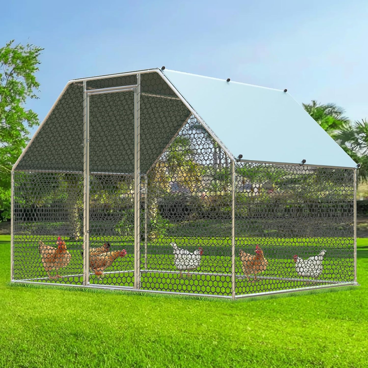 4ever2buy Chicken Runs for Yard with Cover, Large Metal Chicken Run Walk in Metal, Outside Dog Kennel with Roof, Flat Roofed Outdoor Kennel for Cats(9.2’Lx6.23’Wx6.4’H)