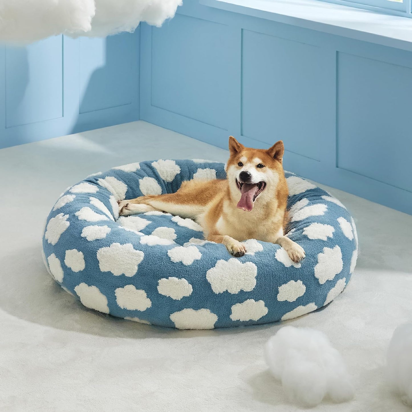 LE SURE Donut Dog Beds Large Sized Dog - Round Pet Beds for Calming Puppy with Washable Cover, Orthopedic Modern Beds with Jacquard Shaggy Plush & Anti Slip Bottom, 36 Inch，Blue